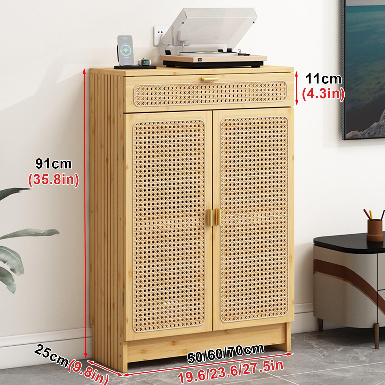 Armoire de Rangement pour Routeur WiFi avec Tiroirs, Osier Respirant Meuble Box Internet Grande Capacité de Rangement, pour Dissimuler Les Routeurs, Modems et Câbles(Natural,60 * 25 * 91cm)