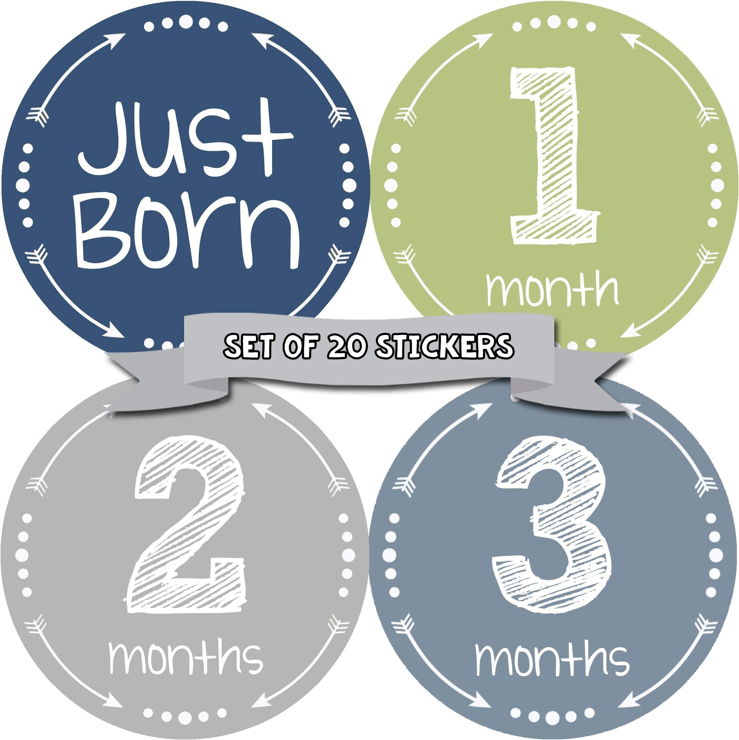 Months in Motion Baby Monthly Stickers - Baby Milestone Stickers - Newborn Boy Stickers - Month Stickers for Baby Boy - Baby Boy Stickers - Newborn Monthly Milestone Stickers - Set of 20