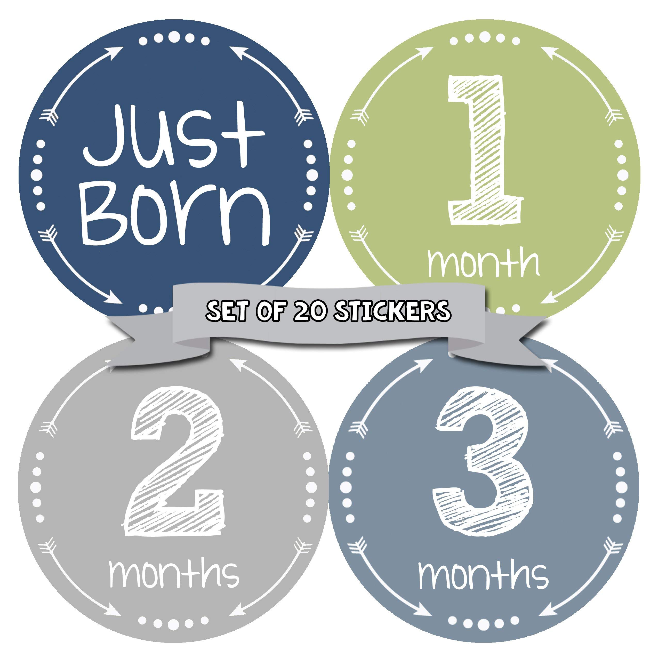 Months in Motion Baby Monthly Stickers - Baby Milestone Stickers - Newborn Boy Stickers - Month Stickers for Baby Boy - Baby Boy Stickers - Newborn Monthly Milestone Stickers - Set of 20