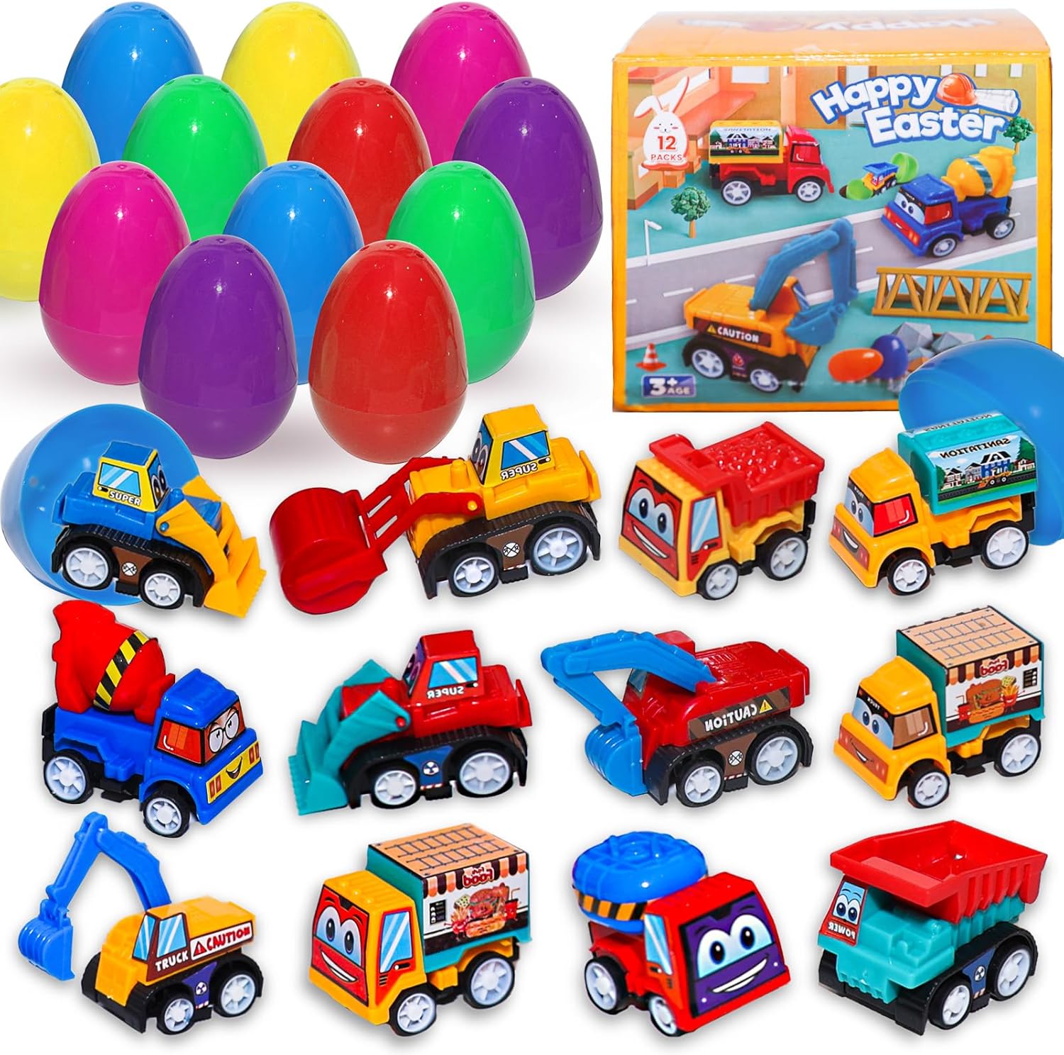 Easter Basket Stuffers for Toddler: 12 Easter Egg Fillers with Pull Back Car, Prefilled Construction Toys Gifts with Construction Vehicles for Egg Hunt, Classroom Party Favors Kids Boys Girls 3+