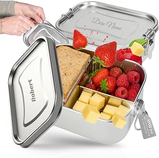 Personalised Lunch Box Stainless Steel 1000ml - Sturdy Lunch Box for Kids and Adults Including Sealing Ring - BPA Free Lunch Box with Three Compartments - Perfect for School, Office and