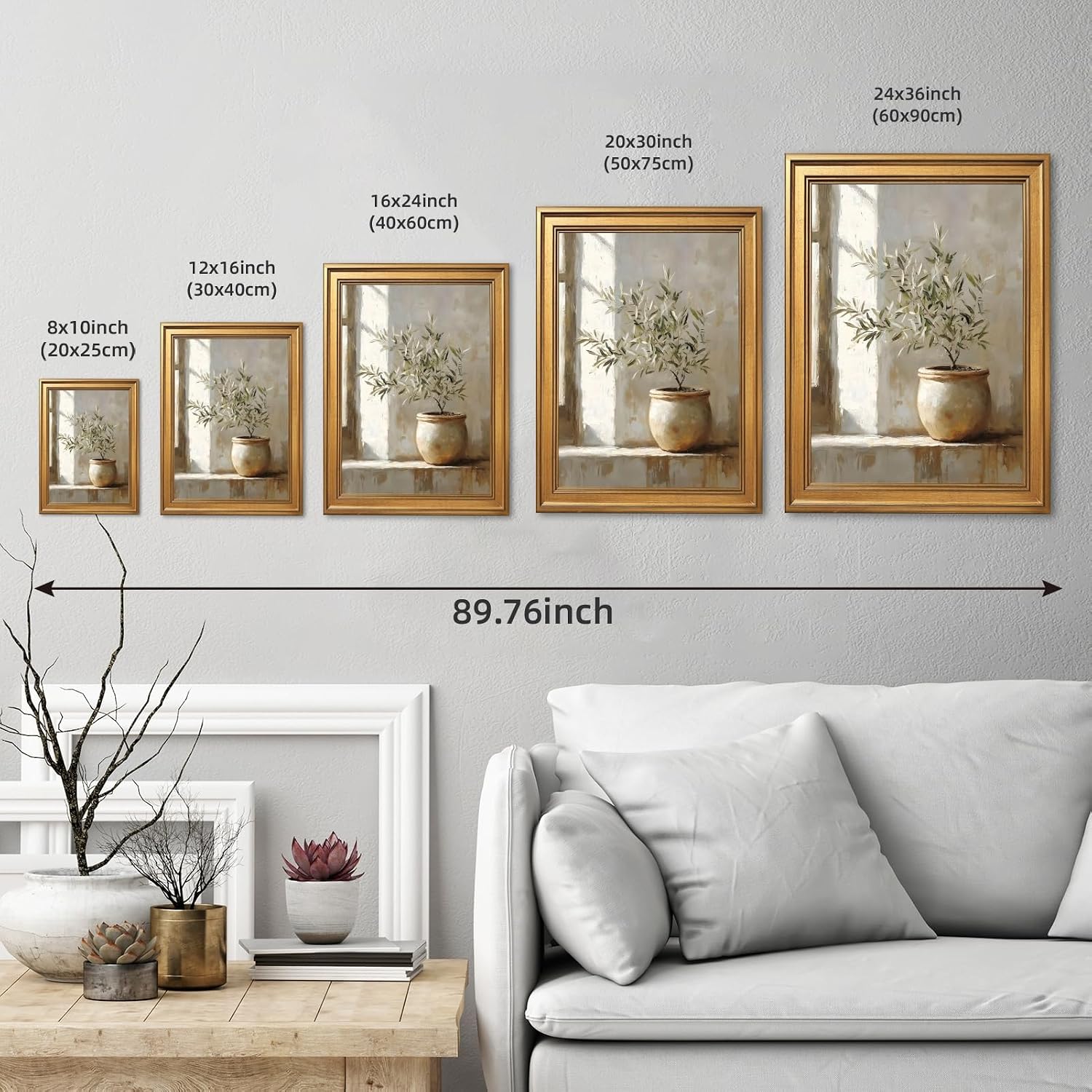 Gold Framed Canvas Wall Art Vintage Still Life Botanical Canvas Print Rustic Farmhouse Olive Tree in Vessel Wall Decor Neutral Plant Poster Paintings for Kitchen Living Room Bedroom 24X36inch