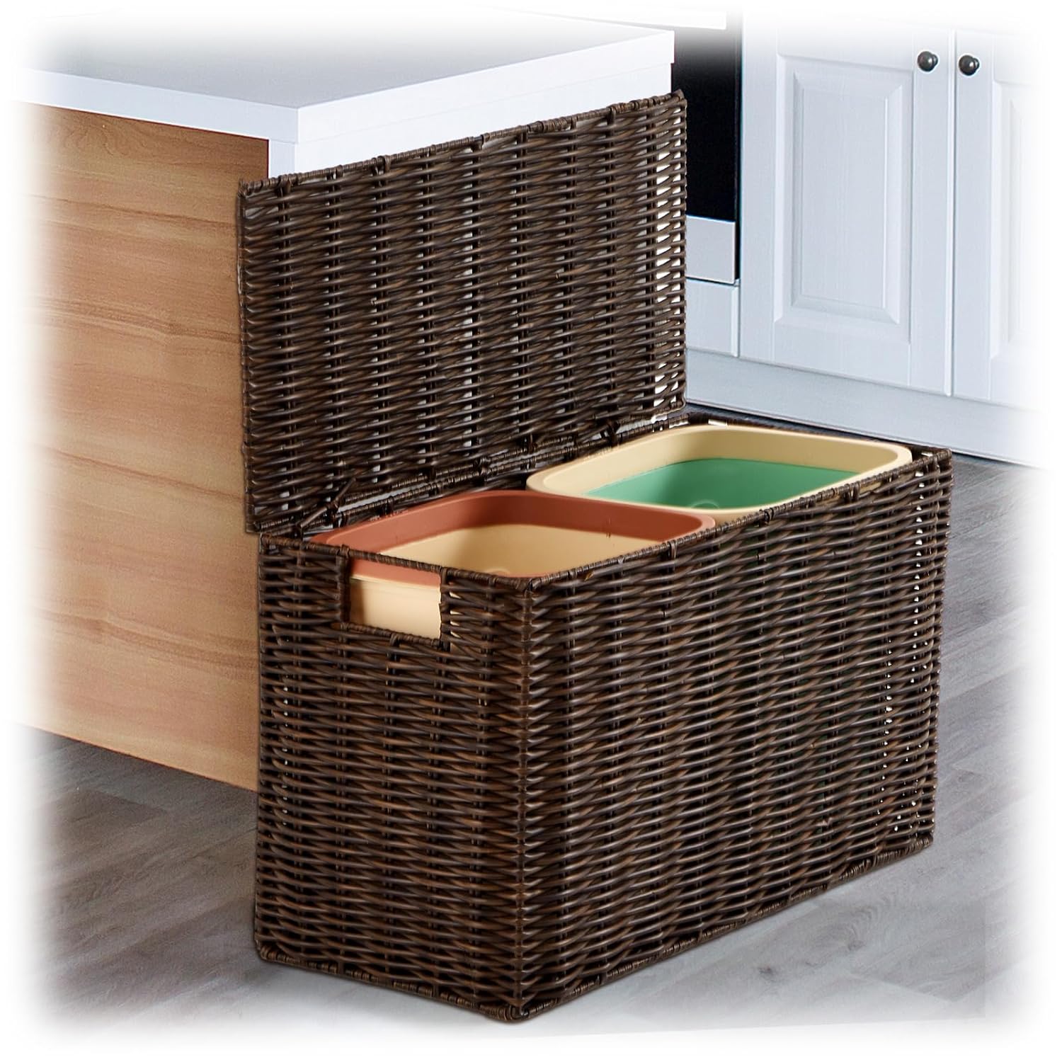 Wicker Trash Can with Lid 2 x 3 Gallon Dual Compartment Trash Bin Plastic Woven Rattan Waste Basket with 2 Removable Plastic Garbage Can for Bathroom Bedroom Kitchen Home Office