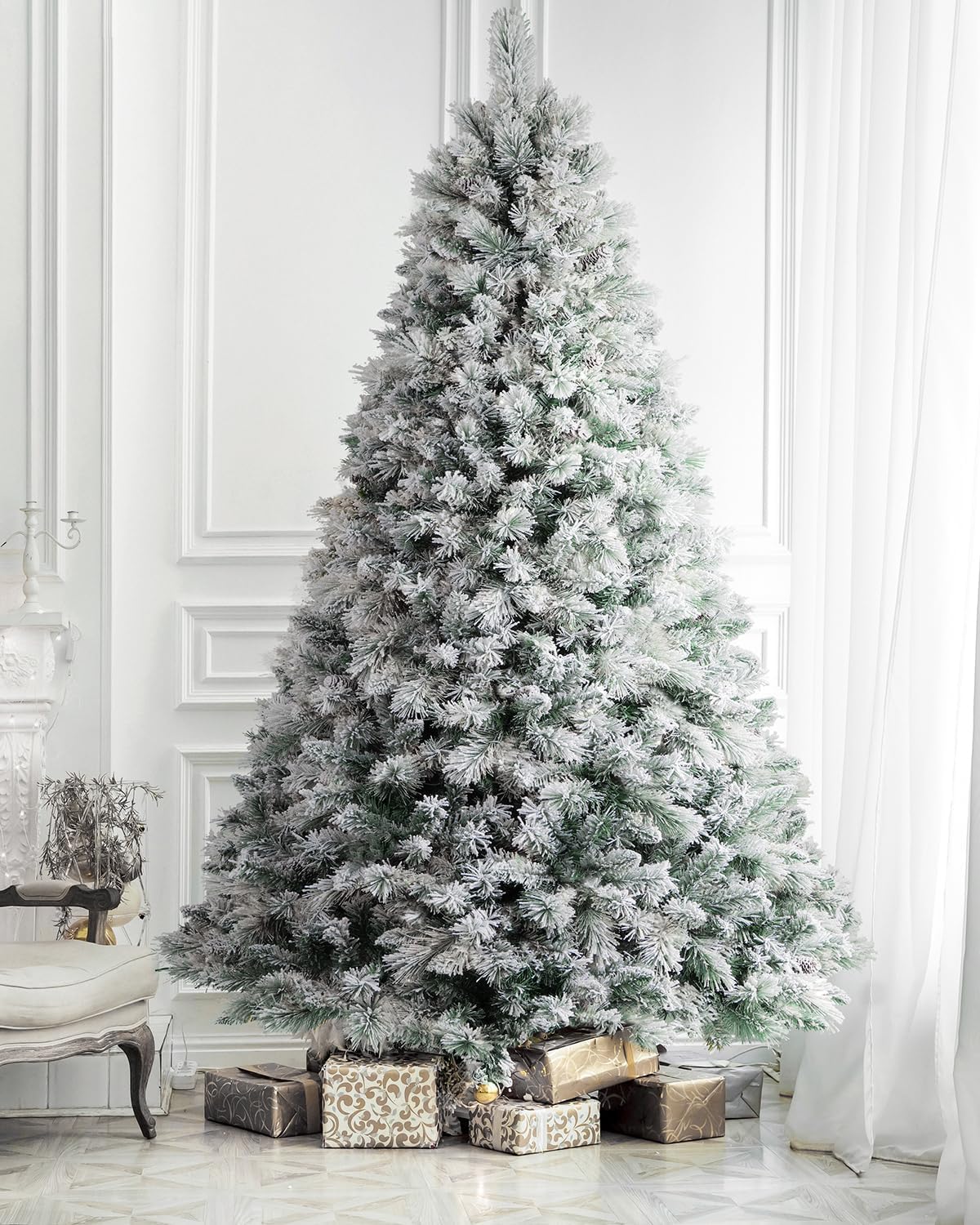 1.45FT Unlit Snow Flocked Artificial Holiday Christmas Tree No Lights, Full Hinged Spruce Branch Tips for Home, Office, Party Decoration No Prelit Foldable Base