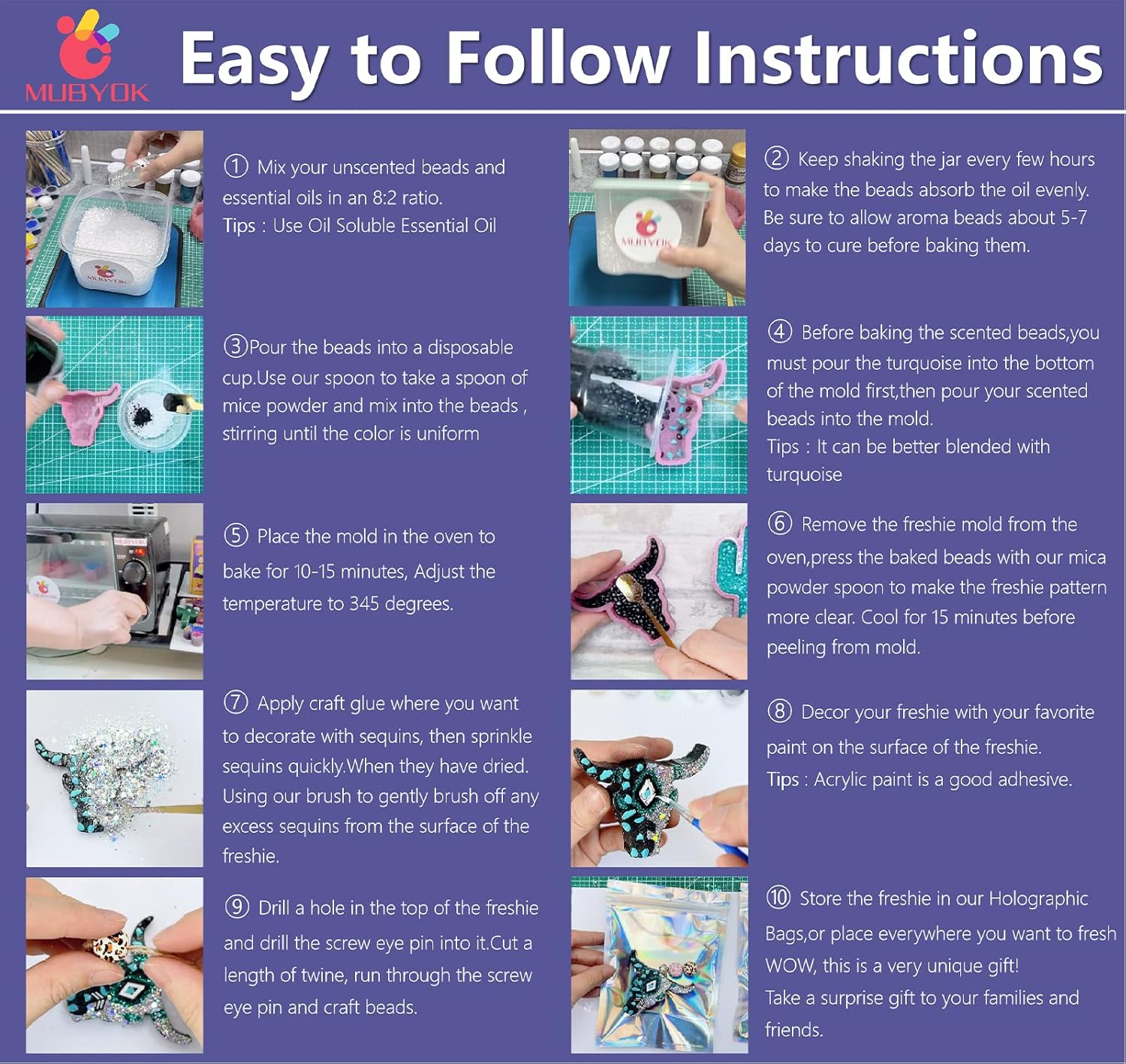 MUBYOK M139 57PCS Car Freshie Supplies Starter kit with Unscented Aroma Beads,Silicone Molds,Acrylic Paint,Mica Powder,Glitter and Accessories (Make 4 Freshies)