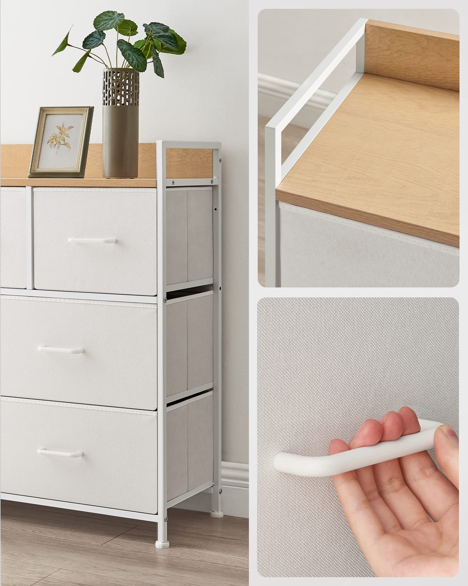 SONGMICS Komoda, szafa, 7 szuflad materiałowych z uchwytami, metalowy stelaż, wzornictwo przemysłowe, kolor biało-dębowy LTS523W57