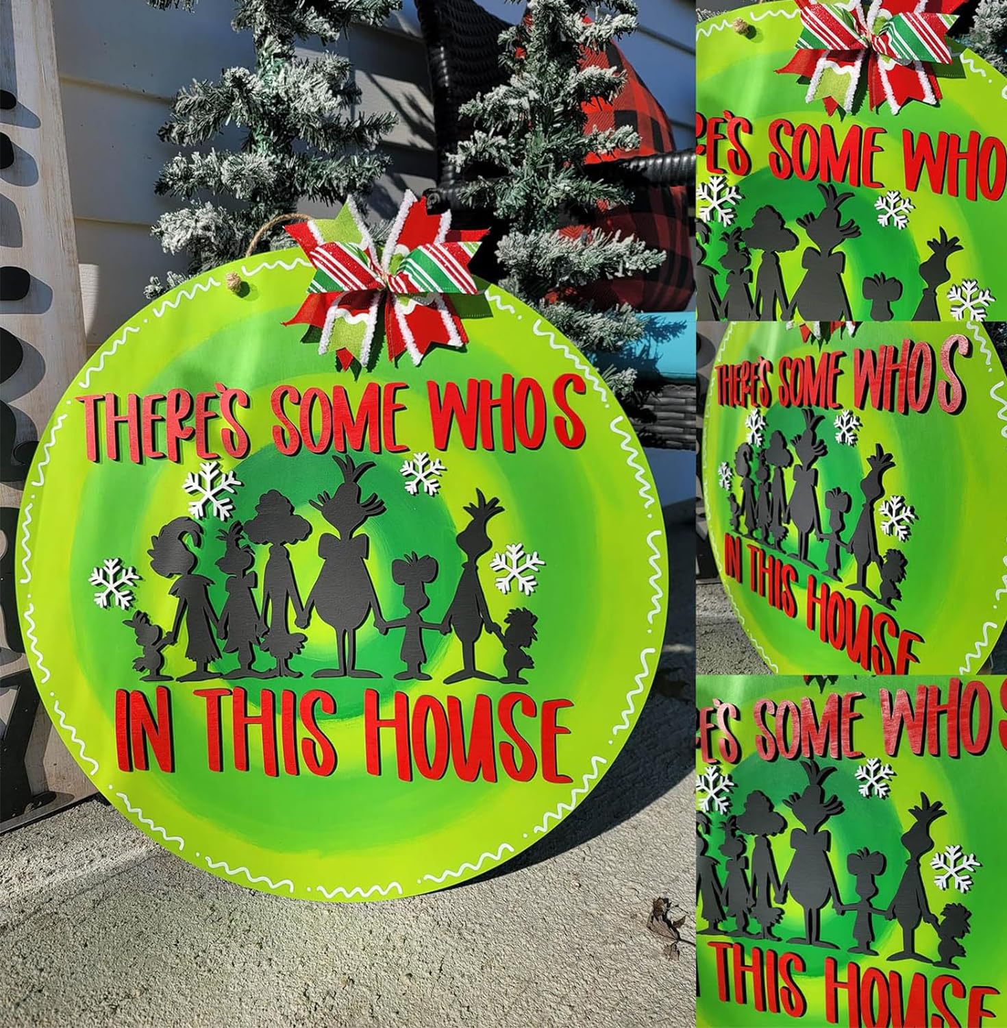 Grinch Christmas Door Decorations, Grinch Christmas Wreath for Front Door, 3D Wooden Door Sign Farmhouse Christmas Decor Grinch Ornaments with Bow for Porch Window Wall Xmas Tree Fireplace Mantel