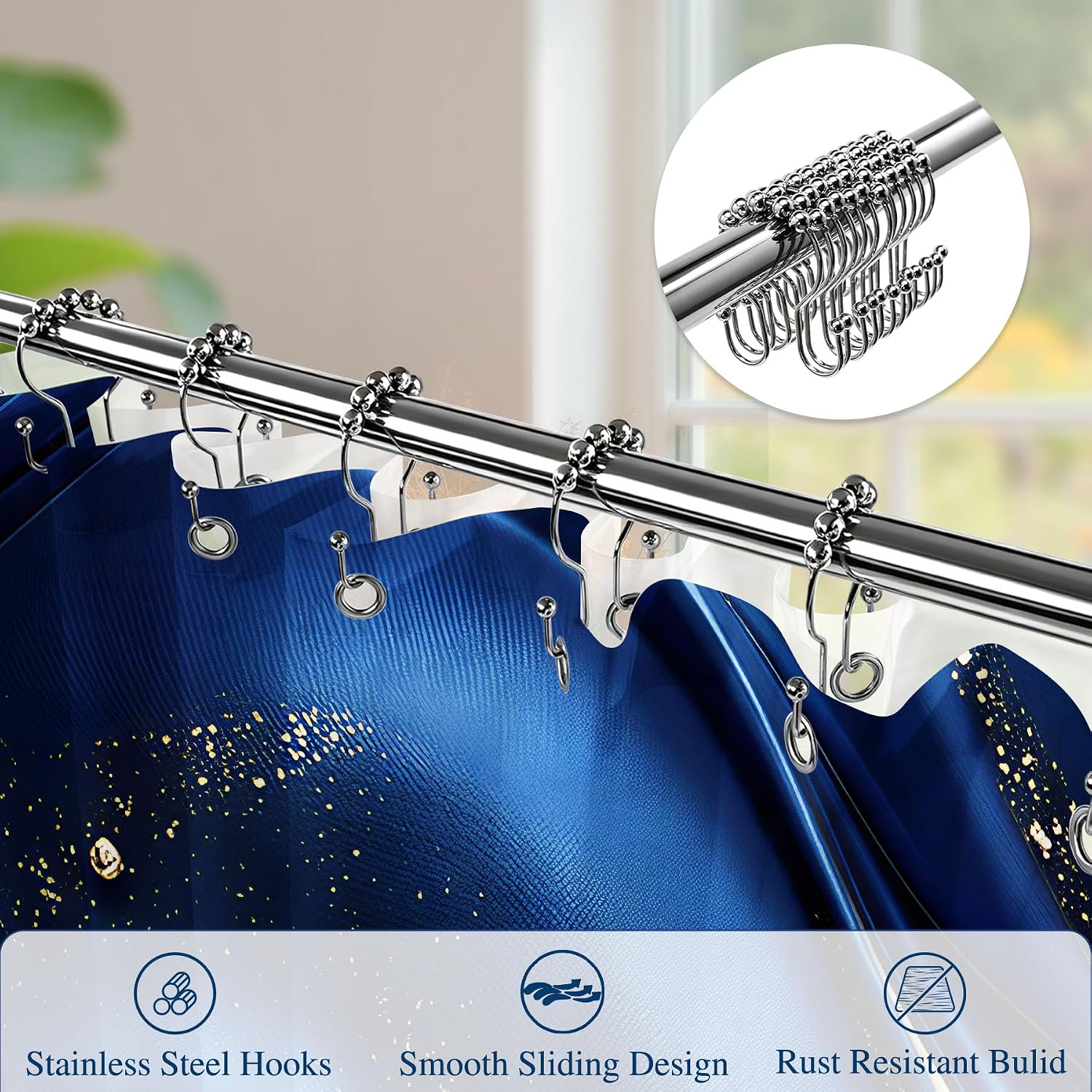 Nkzply 3 in 1 Navy Blue Shower Curtain with PEVA Liner Set and Steel Hooks