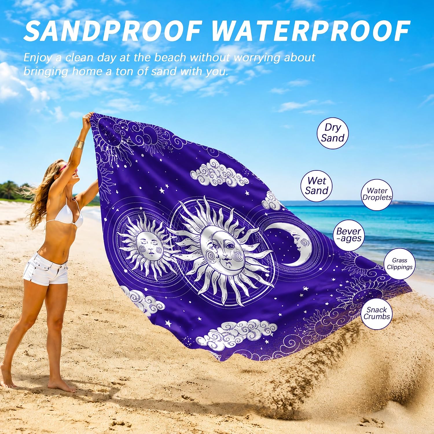 CRASHOT Beach Mat, Beach Blanket Waterproof Sandproof, 79''x83'' Celestial Sun Moon Extra Large Portable Lightweight Beach Gear with 4 Stakes and Carabiner for Picnic Camping Hiking