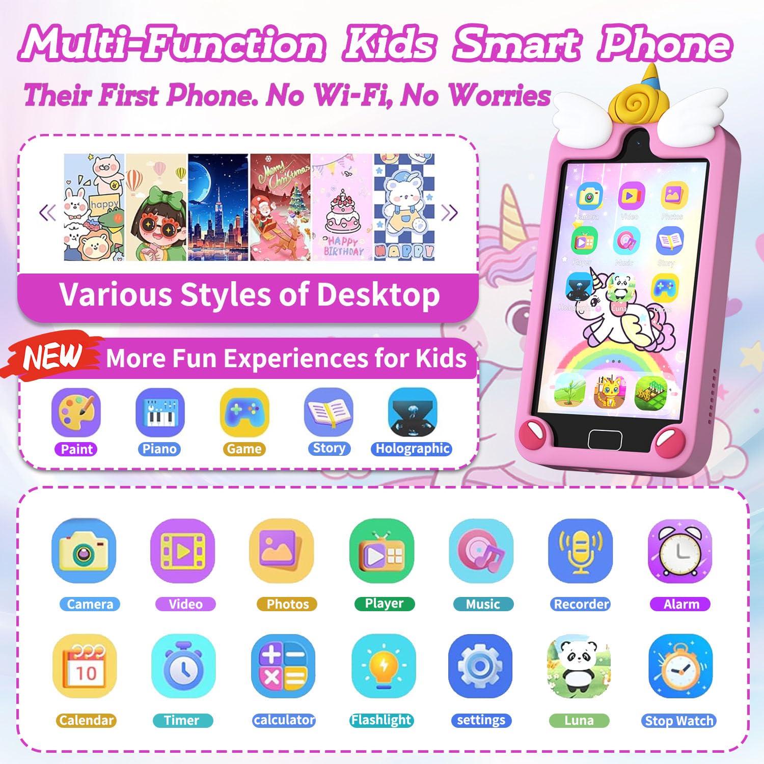 Teléfono inteligente para niños para niñas, teléfono celular de doble cámara con pantalla táctil de 4.0 pulgadas, juguetes educativos de aprendizaje preescolar, regalos de cumpleaños para edades de 3 2