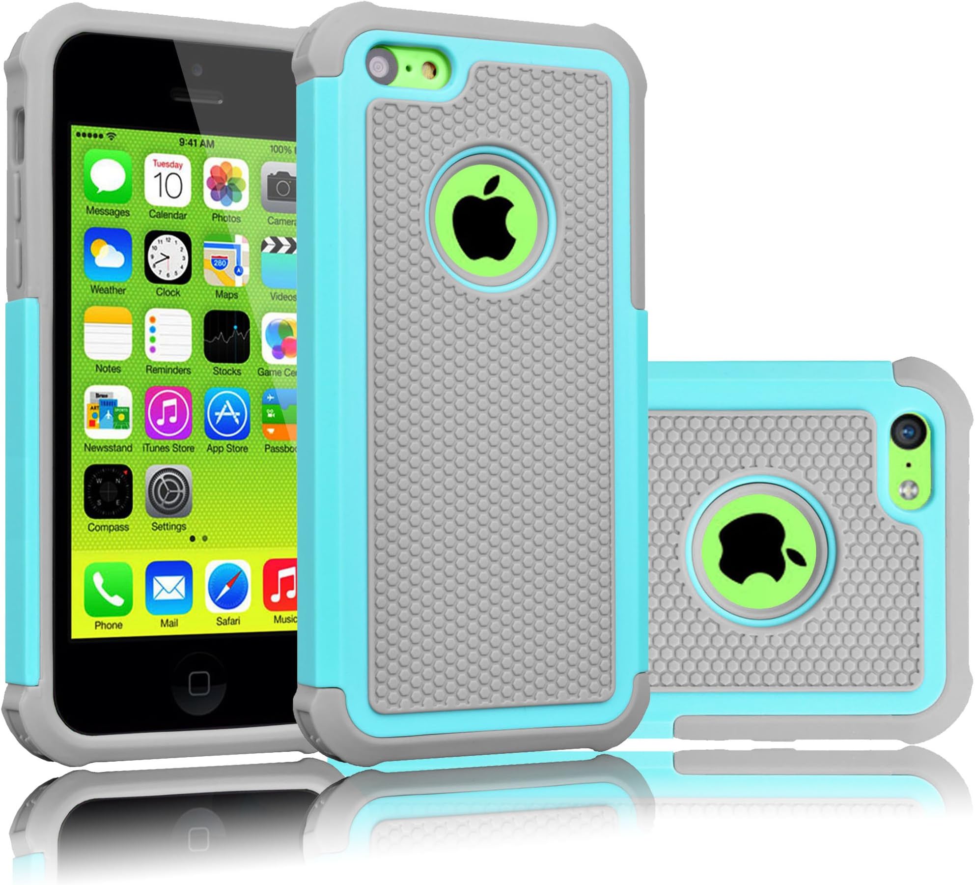Tekcoo for iPhone 5C Case, [Tmajor Series] [Turquoise/Grey] Shock Absorbing Hybrid Impact Defender Rugged Slim Case Cover Shell for iPhone 5C Hard Plastic Outer Rubber Silicone Inner