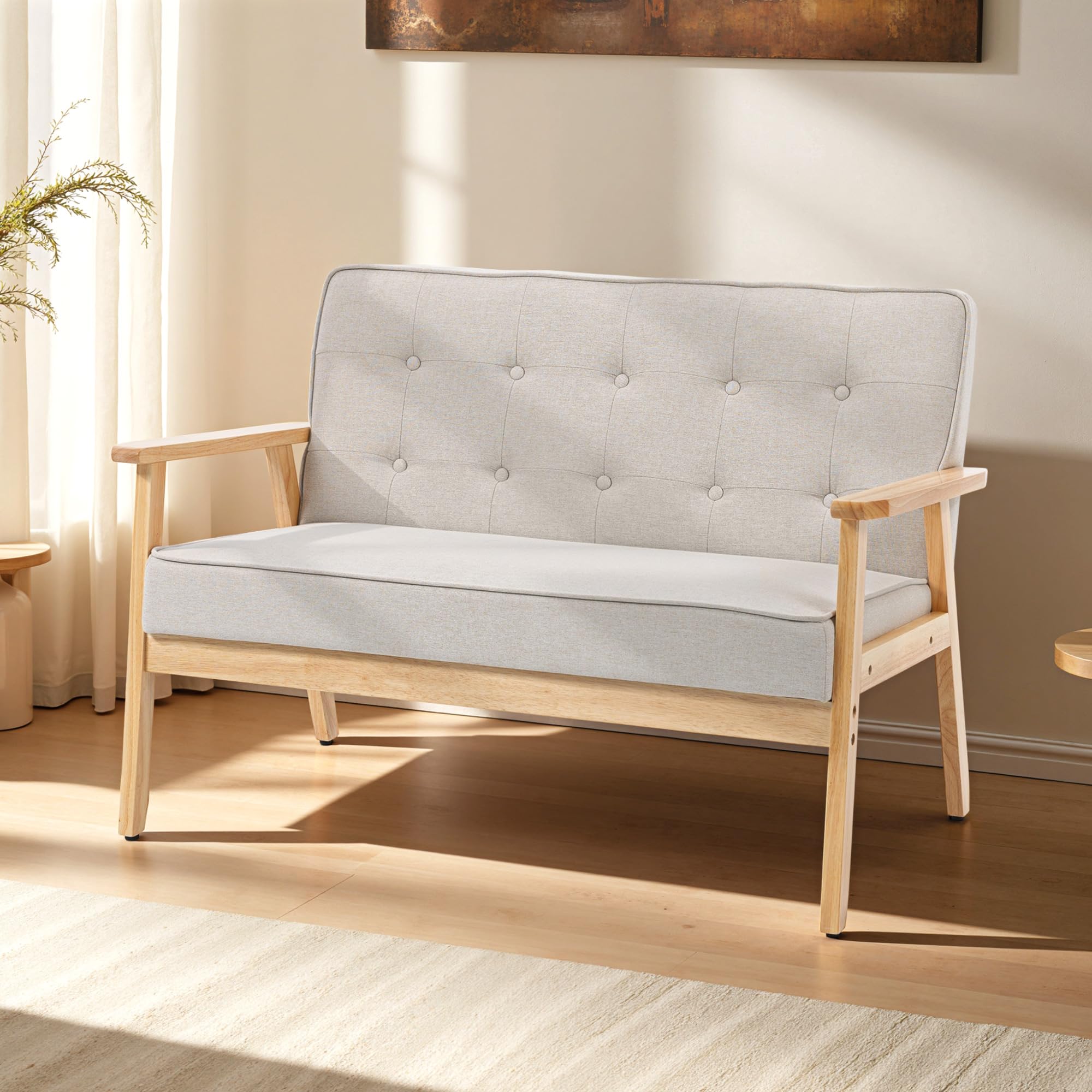 HOMCOM Sofá de 2 Plazas, Tapizado en Lino Sintético, Sofá Nórdico con Patas y Reposabrazos de Madera de Caucho, Respaldo Acolchado, para Salón, Dormitorio, Oficina, Sala de Estar, 113x67x78 cm, Beige