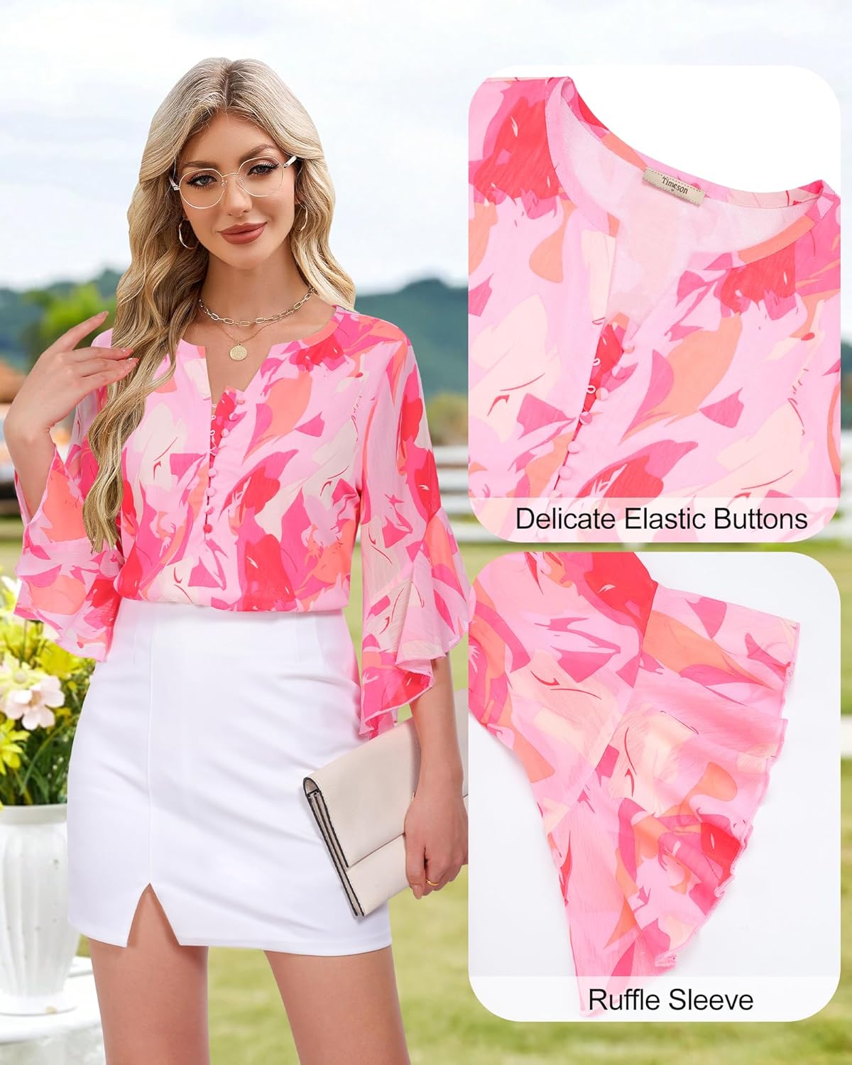 Timeson 3/4 Length Sleeve Womens Tops Dressy Casual Button Down V Neck Business Work Blouses - Image 5