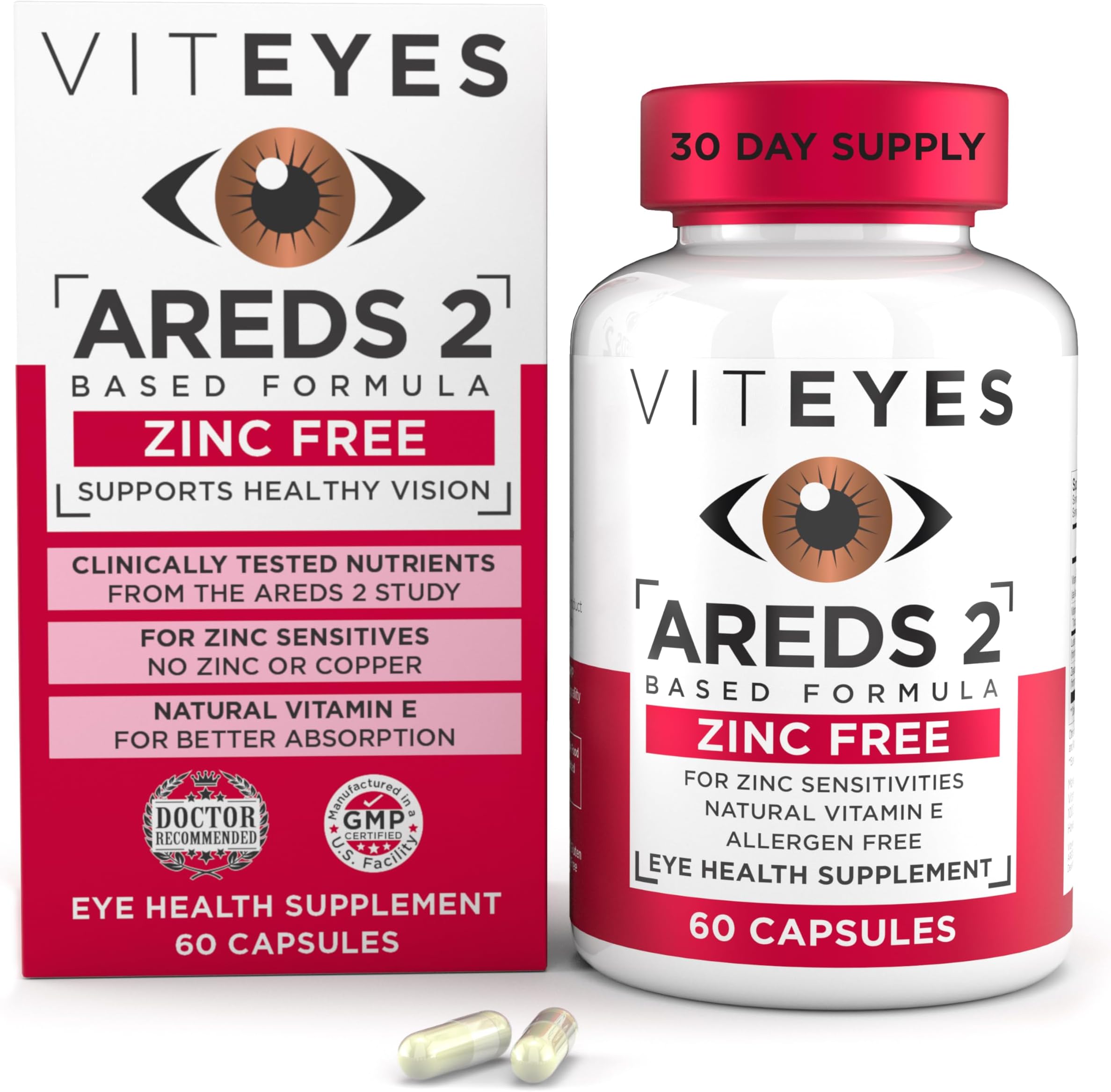 Viteyes AREDS 2 Zinc Free Macular Support, Natural Allergen Free Capsules with Vitamin E, Vitamin C, Lutein & Zeaxanthin, No Zinc, No Copper, Eye Doctor Trusted, Manufactured in the USA, 60 Ct
