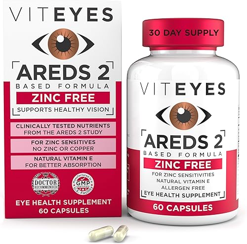 Viteyes AREDS 2 Soporte macular sin zinc, cápsulas naturales sin alérgenos con vitamina E, vitamina C, luteína y zeaxantina, sin zinc, sin cobre,