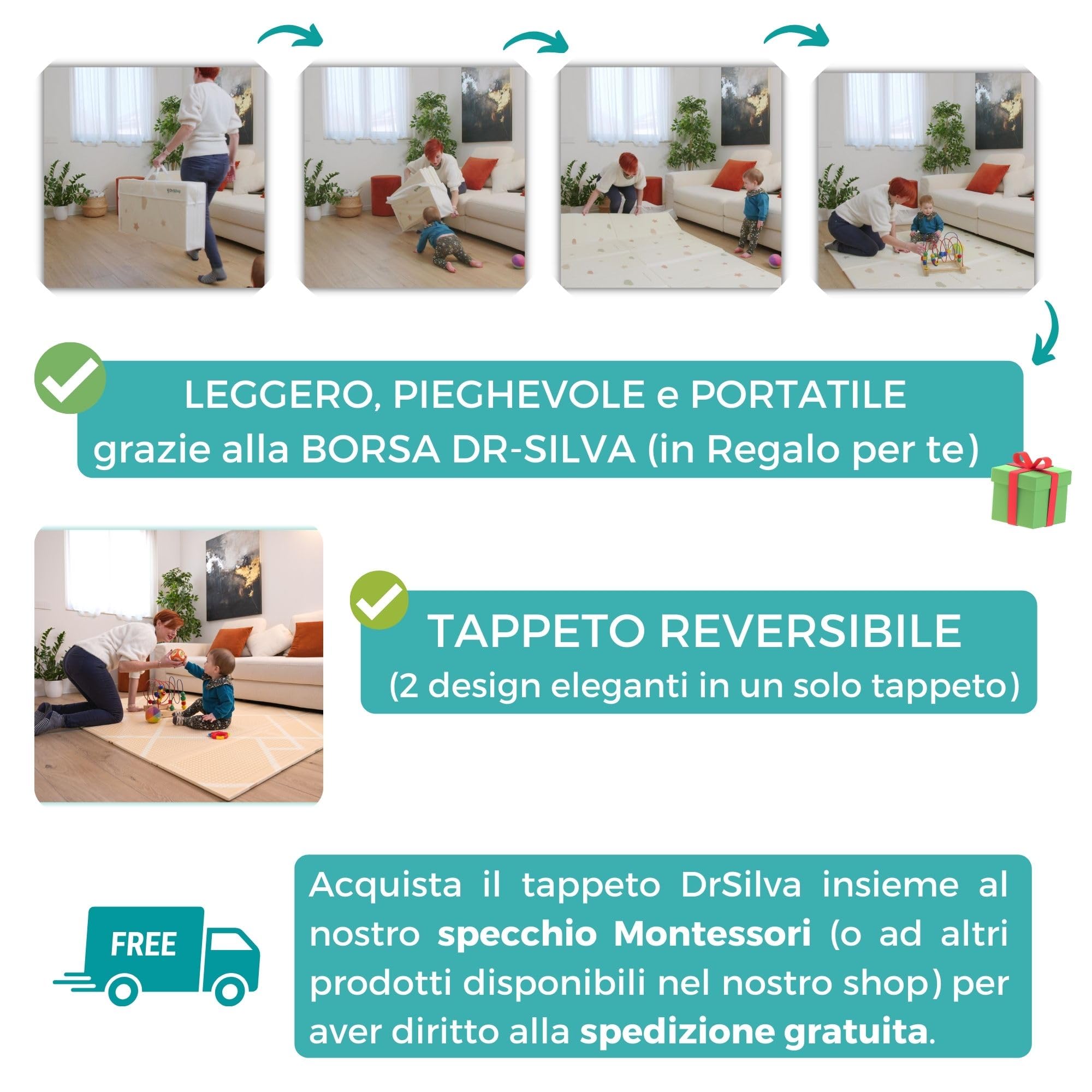 DR-SILVA Tappeto Gioco per lo Sviluppo Motorio di Bambini e Neonato. Sicuro, Atossico, Spessore 1,5 cm, Grande 200x150 cm, Pieghevole, Portatile, Anti-Scivolo, Lavabile, Morbido e Anti-urto.