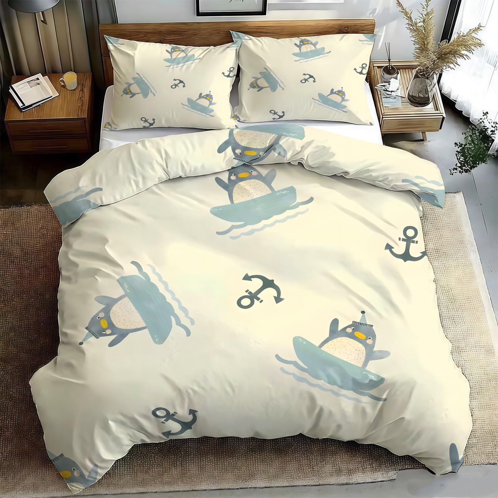 Funda Nordica Cama 90 Infantil Pingüino y anclaRopa de Cama Acuarela Microfibra Suave y Cómoda con Cremallera Funda Edredon 150x200-2 Fundas Almohada 50x75 GF1394
