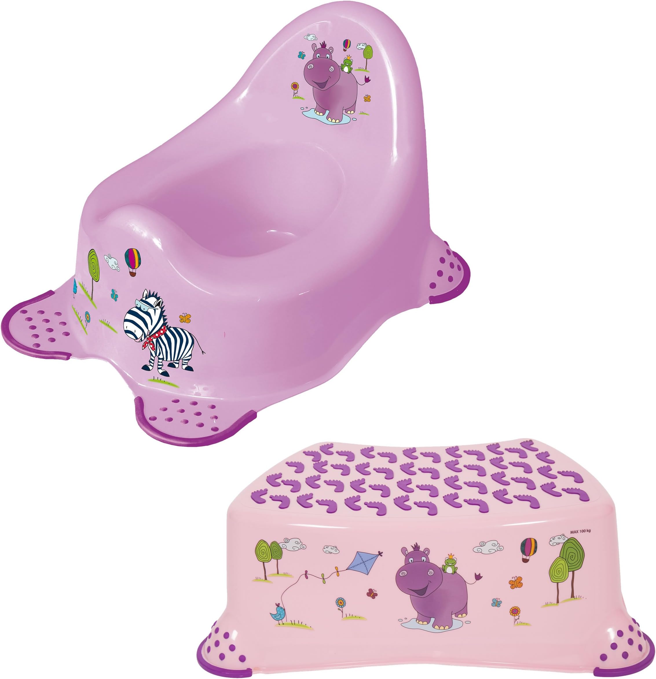OKT Kids Happy Friends Hippo Toddler Steady Potty & Steady Step Stool Bundle for Toilet/Potty Training Girls Age 2 Years+ Strong Plastic Non Slip 15/100kg Capacity Lightweight & Portable Pink/Purple