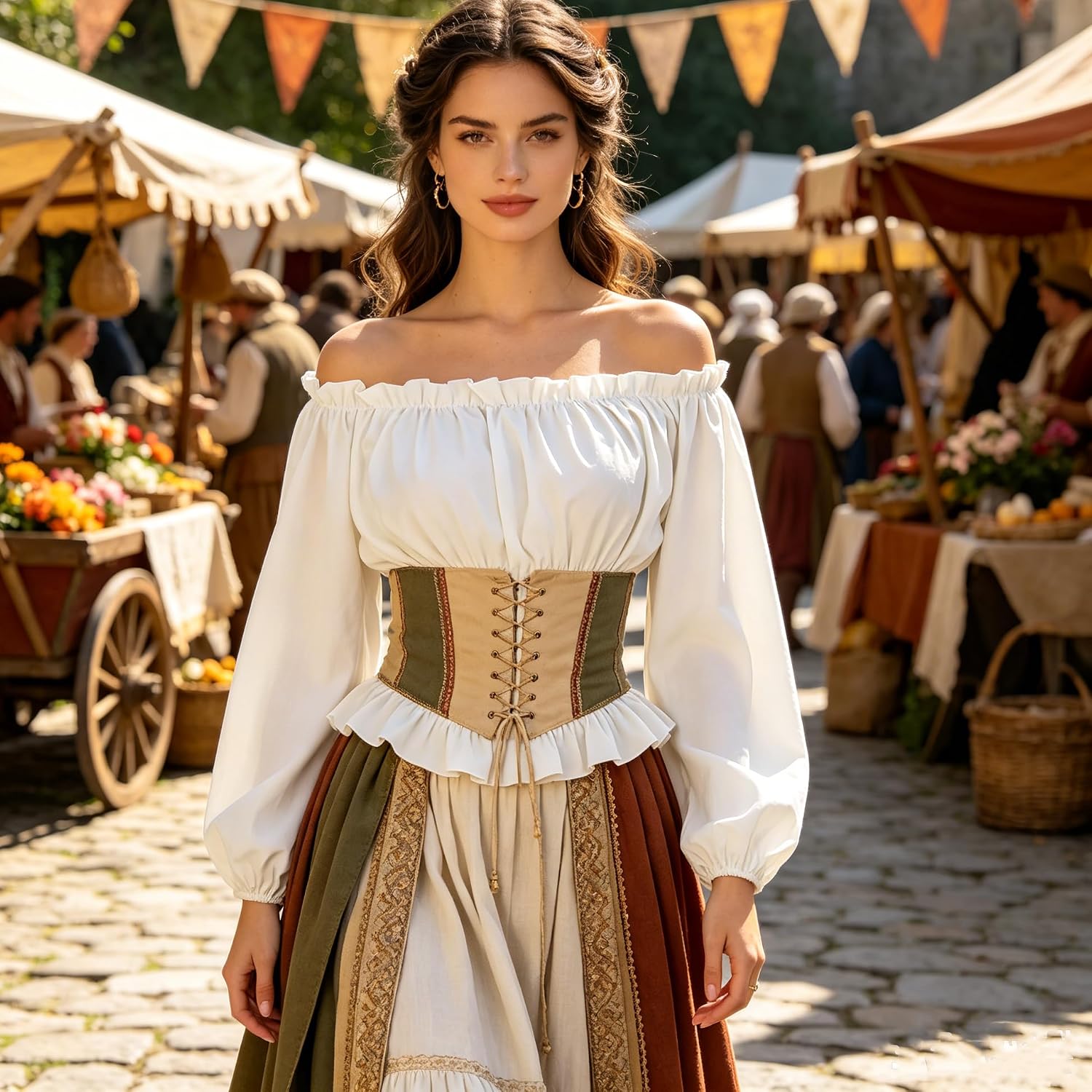 Womens Renaissance Shirt Peasant Blouse Off Shoulder Long Sleeve Top,Medieval Pirate Tops for Women