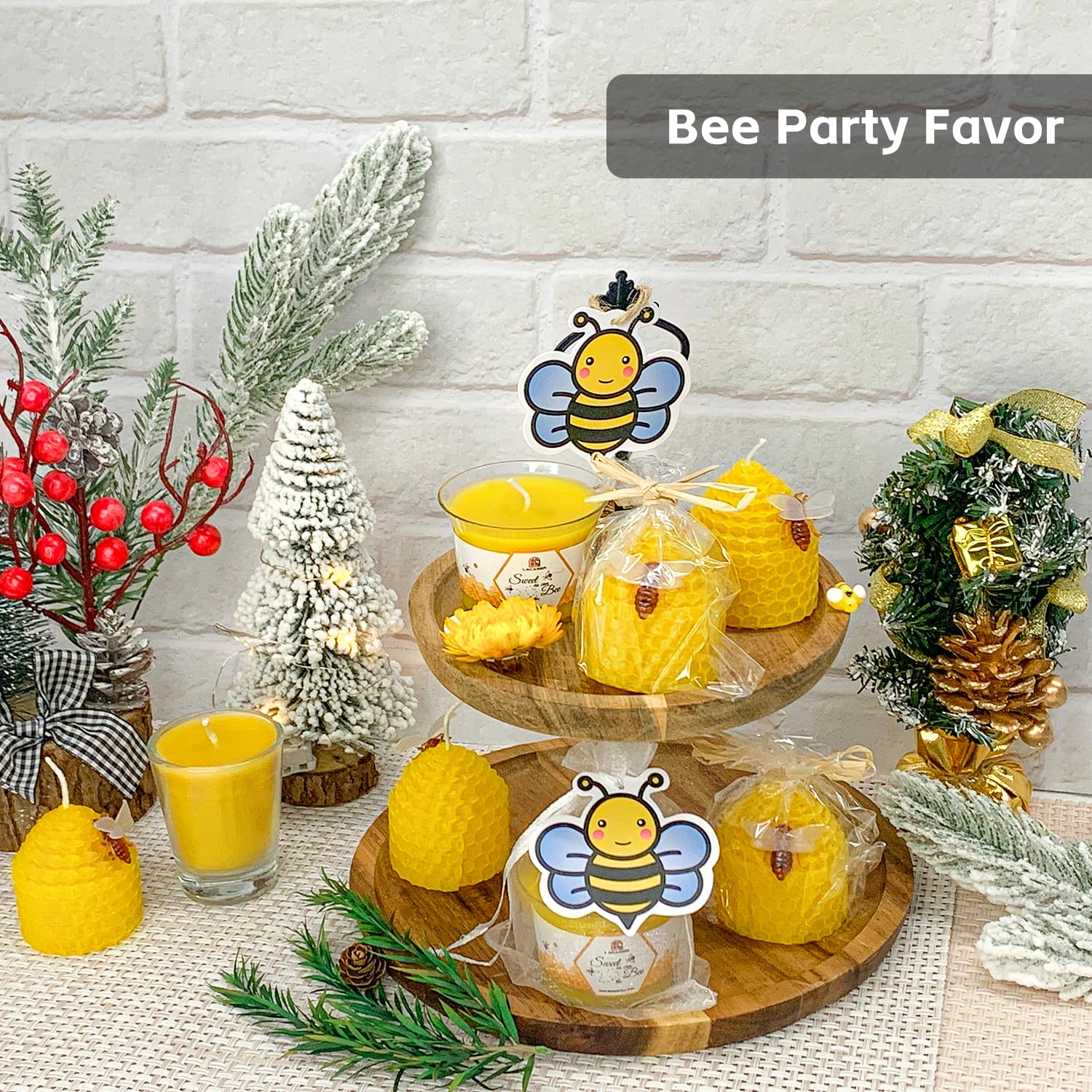Juego de 24 velas de cera de abeja, velas de abeja con adornos de abeja, sin perfume, sin goteo y sin humo, diámetro de 1.77 x 1.97 pulgadas cada una, color amarillo