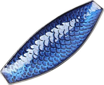 16" Large Ceramic Decorative Tray, Long Boat Shaped Centerpiece Bowl, Multipurpose Serving Platter for Home, Party Decor or Sushi, Fruits, Desserts Blue