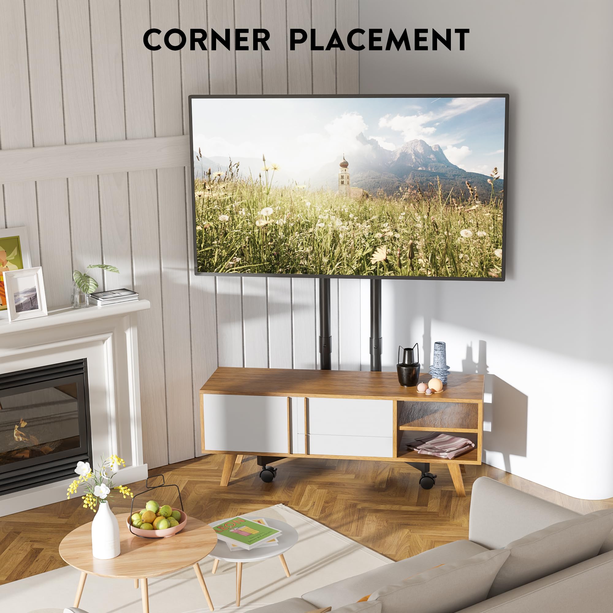 BONTEC Supporto TV da Pavimento 32-70 Pollici, Carrello Porta TV da Terra Mobile con Ruote Bloccabili 360°, Altezza Regolabile Doppia Colonna Robusta Fino a 50 kg, VESA 400x400 mm, Gestione Cavi, Nero