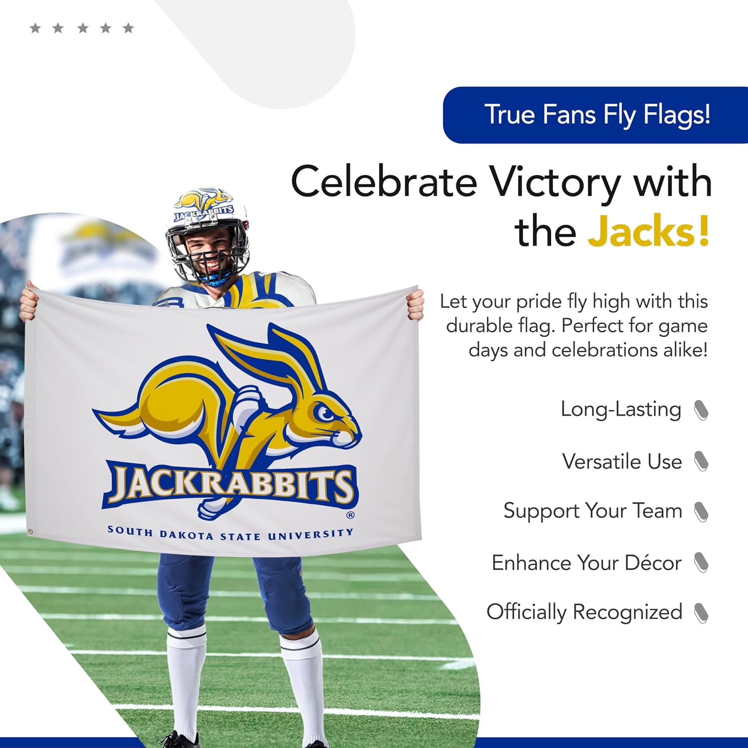 South Dakota State Jackrabbits College Sports Printed Flag - NCAA Licensed - Nylon - School Banner (White, Gold) (3' x 5')