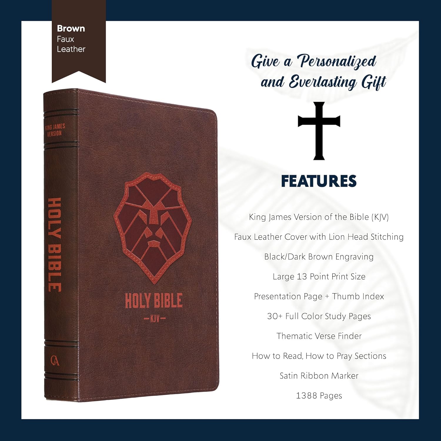 Personalized KJV Kids First Holy Bible Large Print Indexed Faux Leather Bible for Church, School, or Study | Custom Name with Lion Design on Cover | Ideal for Religious Celebrations | Brown