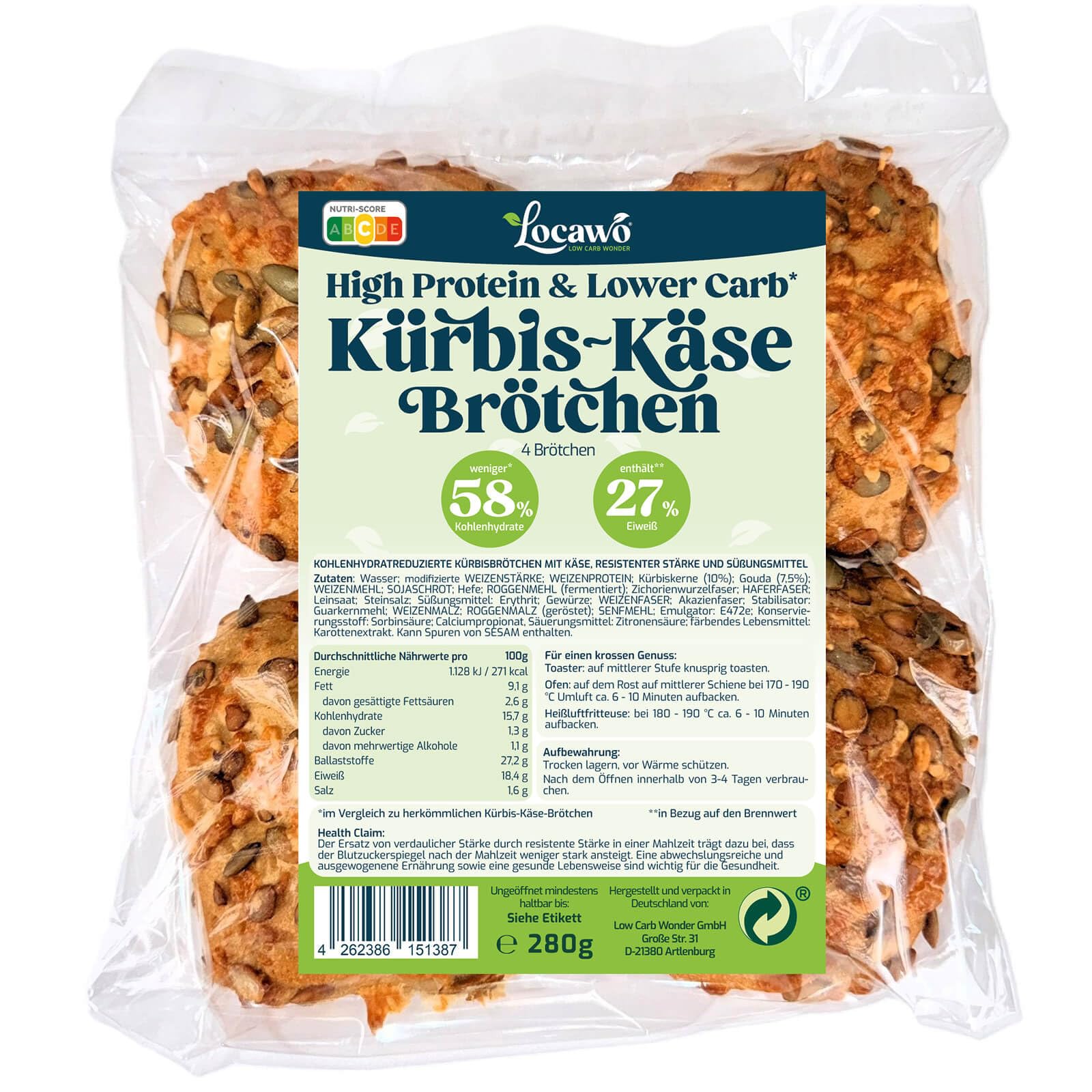 Locawo High Protein & Low Carb Kürbis-Käse-Brötchen | Mehrkornbrötchen | Eiweißbrötchen | Voller Weizengeschmack | Vegan | ideal für eine eiweißreiche, kalorien- und zuckerreduzierte Ernährung