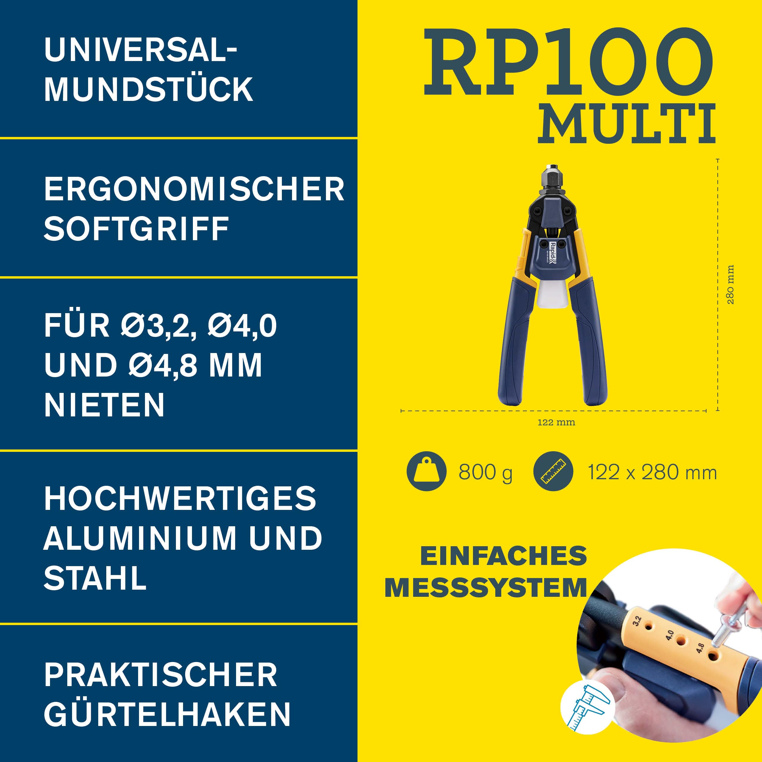 Rapid Nietzange RP100 Multi, Kraftsparende Blindnietzange mit Universalmundstück, für Aluminium und Edelstahl Nieten von 3,2 bis 4,8 mm