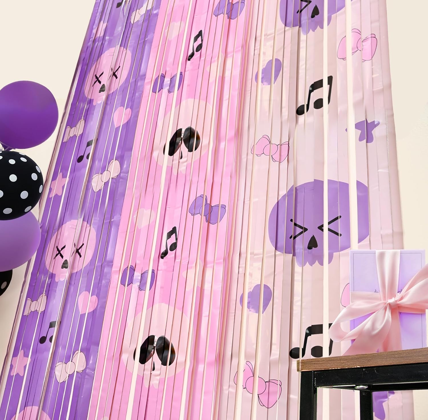 Kawaii Birthday Decorations, 2 Pack Purple and Light Pink Birthday Party Supplies 3.3 x 6.6ft Tinsel Foil Fringe Curtains Photo Booth Props Backdrop Streamers, Dark Cute House Room Decor - Image 2