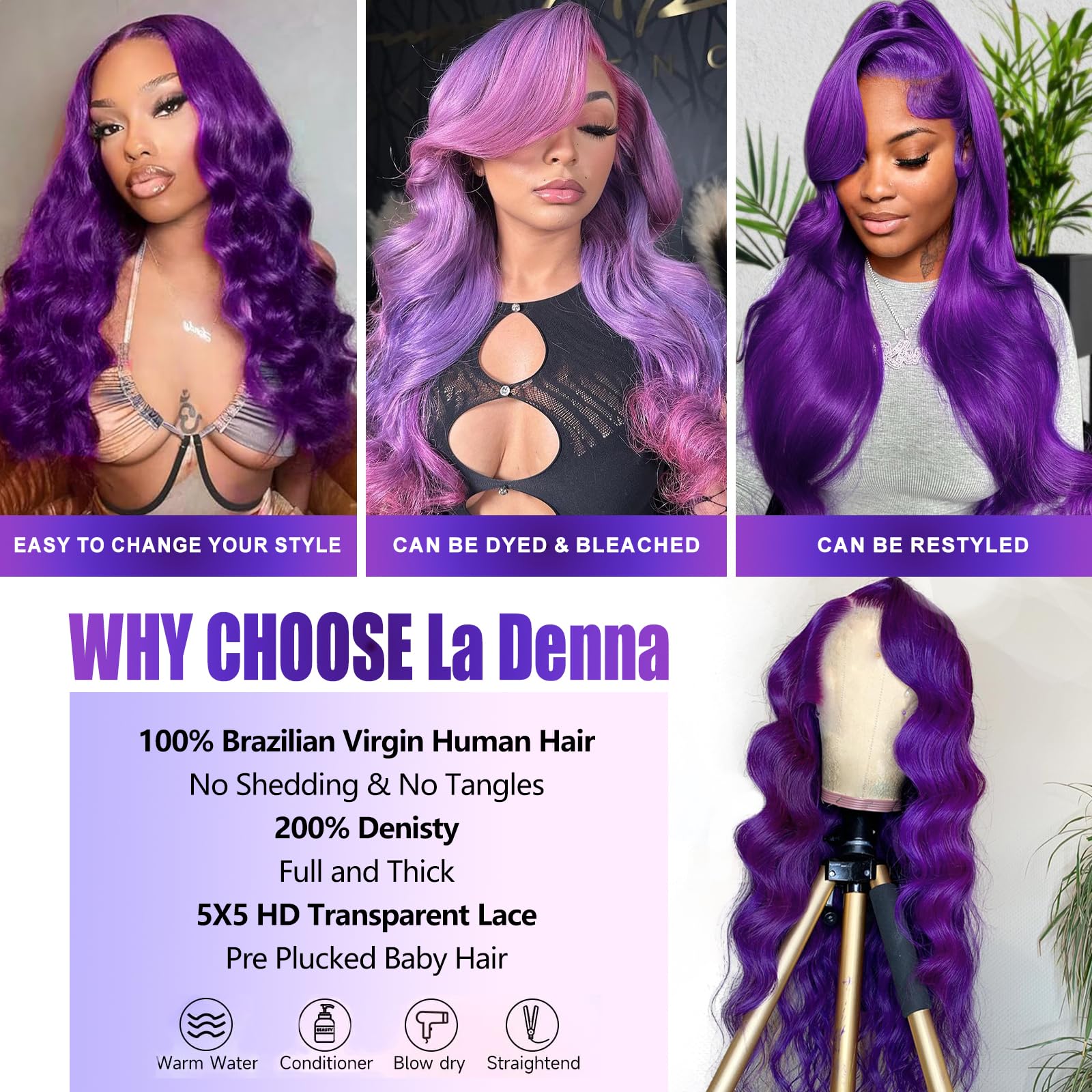 Dark purple closure wig with hot purple streaks Amazon.com : Skunk Stripe Wigs Human Hair Lace Front Purple  main image 2