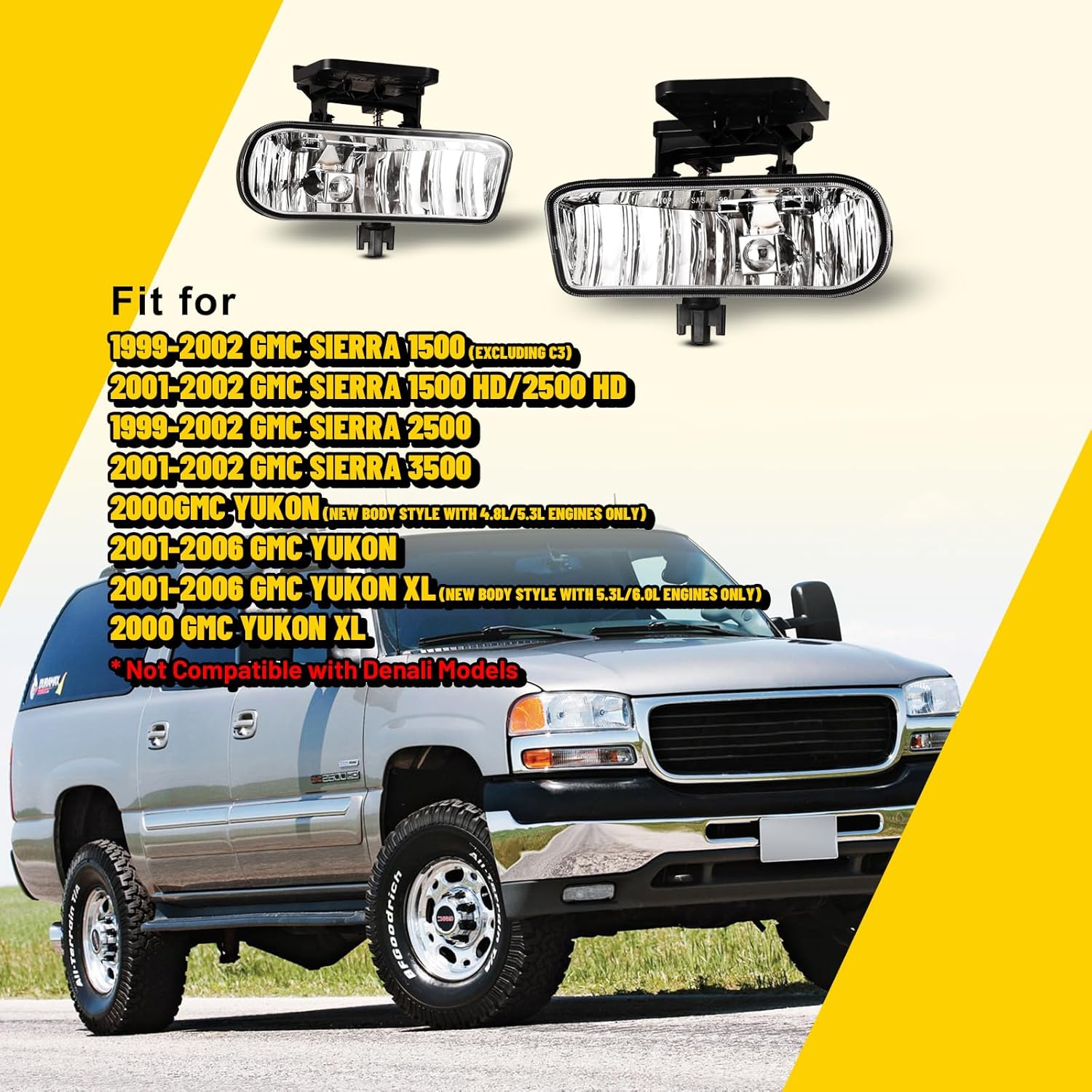 Fog Lights for GMC Sierra 1500 2500 1999-2002/ Sierra 1500 HD 2500 HD 3500 2001 2002/ Yukon Yukon XL 2000-2006 with Bulbs 899 12V 37.5W Driving Fog Lamps Replacement -1 Pair (Clear Lens)