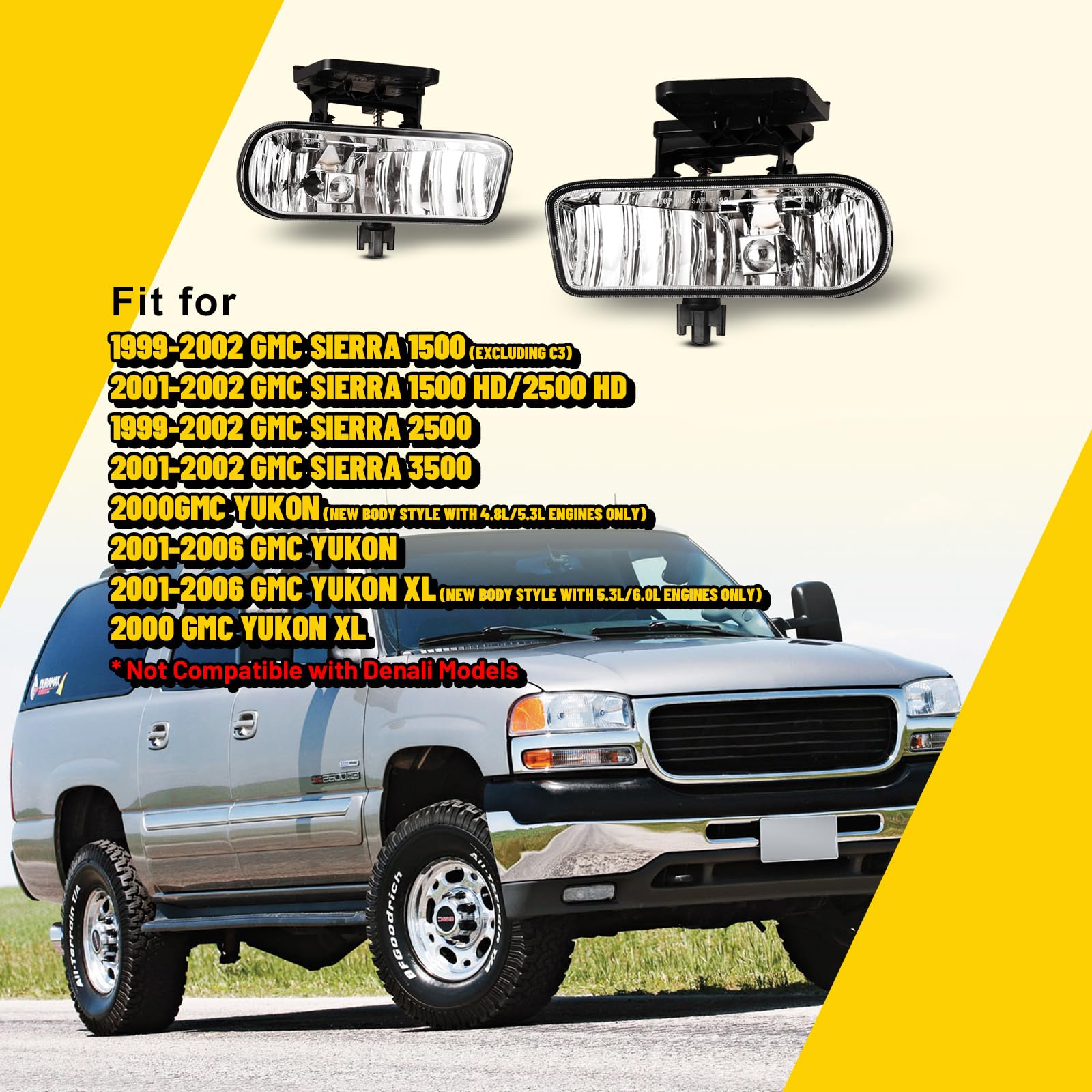 AUTOFREE Fog Lights for GMC Sierra 1500 2500 1999-2002/ Sierra 1500 HD 2500 HD 3500 2001 2002/ Yukon Yukon XL 2000-2006 with Bulbs 899 12V 37.5W Driving Fog Lamps Replacement -1 Pair (Clear Lens)