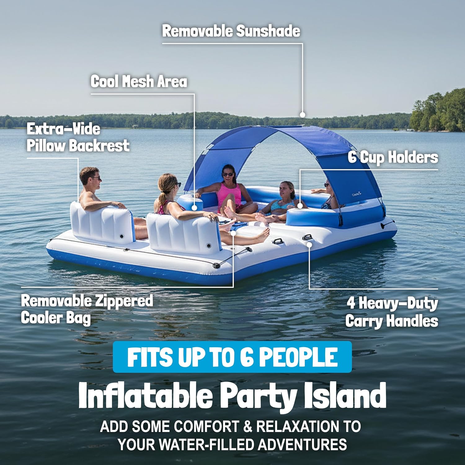 Bestway CoolerZ Tropical Breeze 6 Person Inflatable Party Island Large Relaxing Water Float with Detachable Sunshade and Cooler Bag
