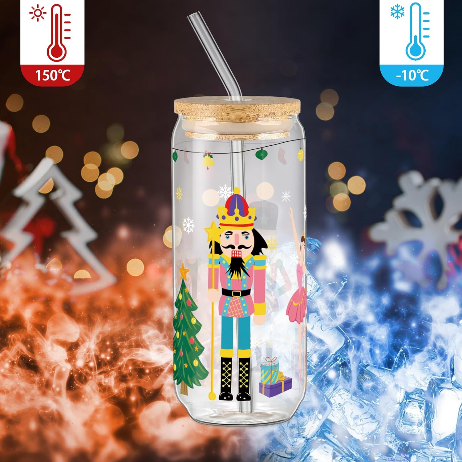 Joeyan Christmas Glass Cups with Lids and Straws,Xmas Nutcracker Tumbler Iced Coffee Glass with Keychain and Socks,Decorative 20oz Drinking Glasses with Tree Soldiers Patterns,Gift for Women Family - Image 5