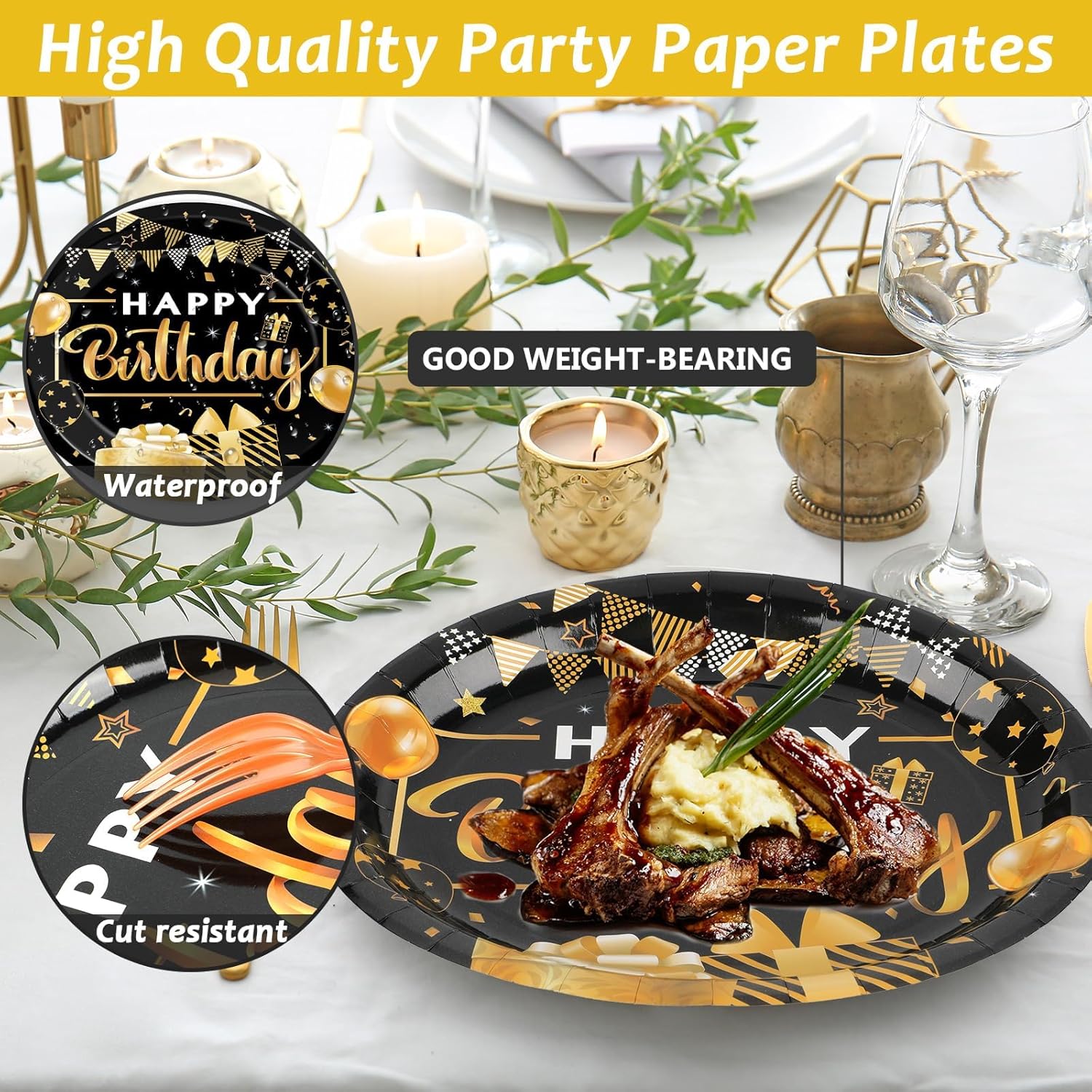 50PCS Black and Gold Birthday Oval Paper Plates 11inch Large Black Party Decorations Platters, Happy Birthday Party Heavy Duty Dish Tray for Men Women Gathering BBQ Dinner Tableware Supplies - Image 4