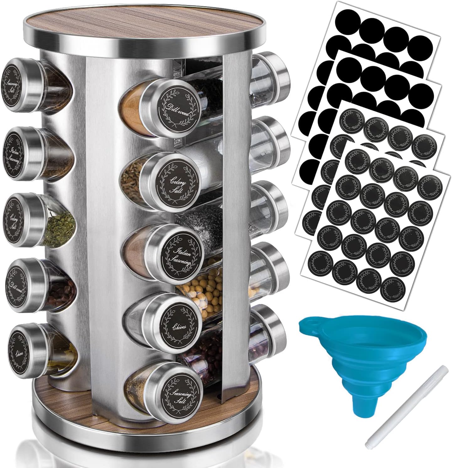 CAM2 Rotating Spice Rack with Free Spice Jar Resend for 5 Years, Spice rack organizer for countertop, Seasoning organizer stainless steel, For Kitchen Cabinet Organizer(Wood)