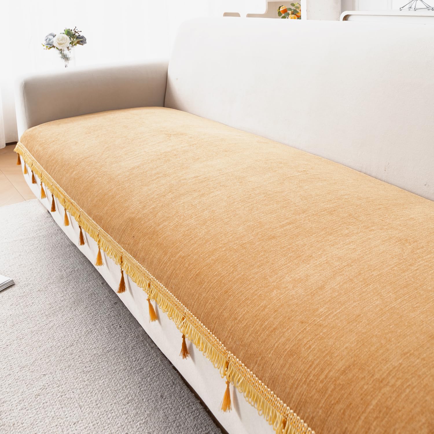 HOKIPO 'Serenity Tassel' Chenille 3 Seater Sofa Cover with Tassel – Sunlit Amber (IN-892-GLD)-image-40