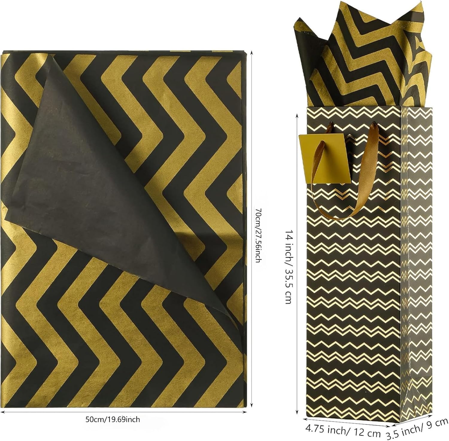 Chrisfall 12 Pieces Wine Gift Bag with Handles and Tissue Paper 14" x 4.7" x 3.5" Chinese Lunar New Year Valentine Gift Stripe Bags for Wine Bottles Wedding Party Whiskey Liquor(Black and Gold) - Image 2