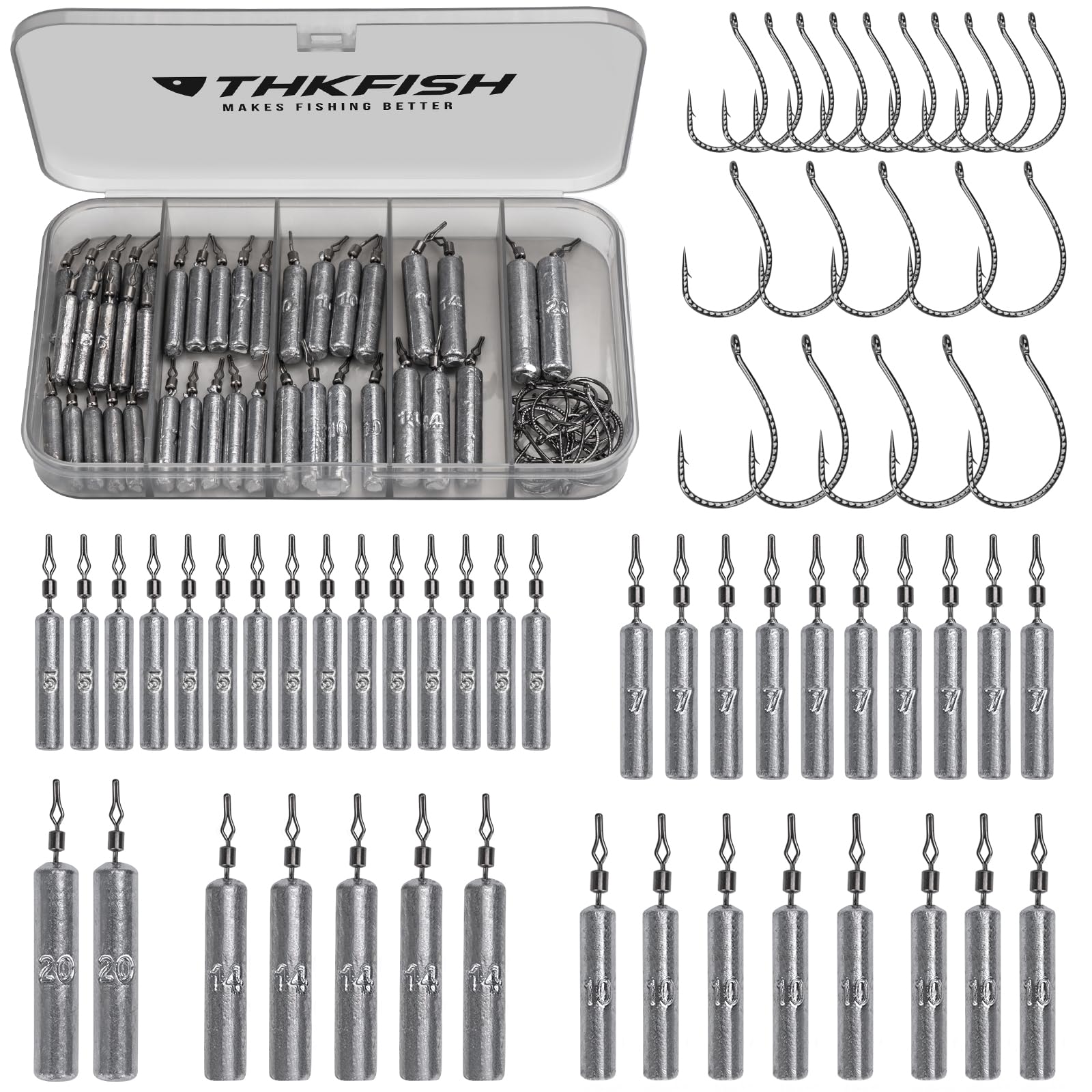 Thkfish Set di 60 piombini da pesca, kit di piombini da pesca drop shot, ami stravaganti per pesca in acqua dolce e salata