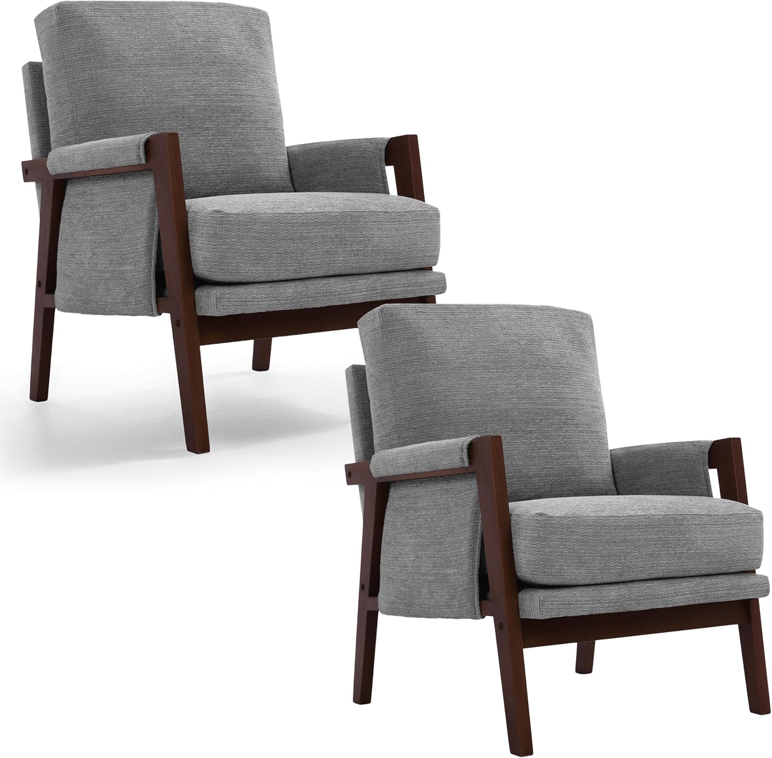 Accent Chairs for Living Room Set of 2, Modern Arm Chairs for Bedroom, Wooden Upholstered Mid Century Accent Chairs, Grey