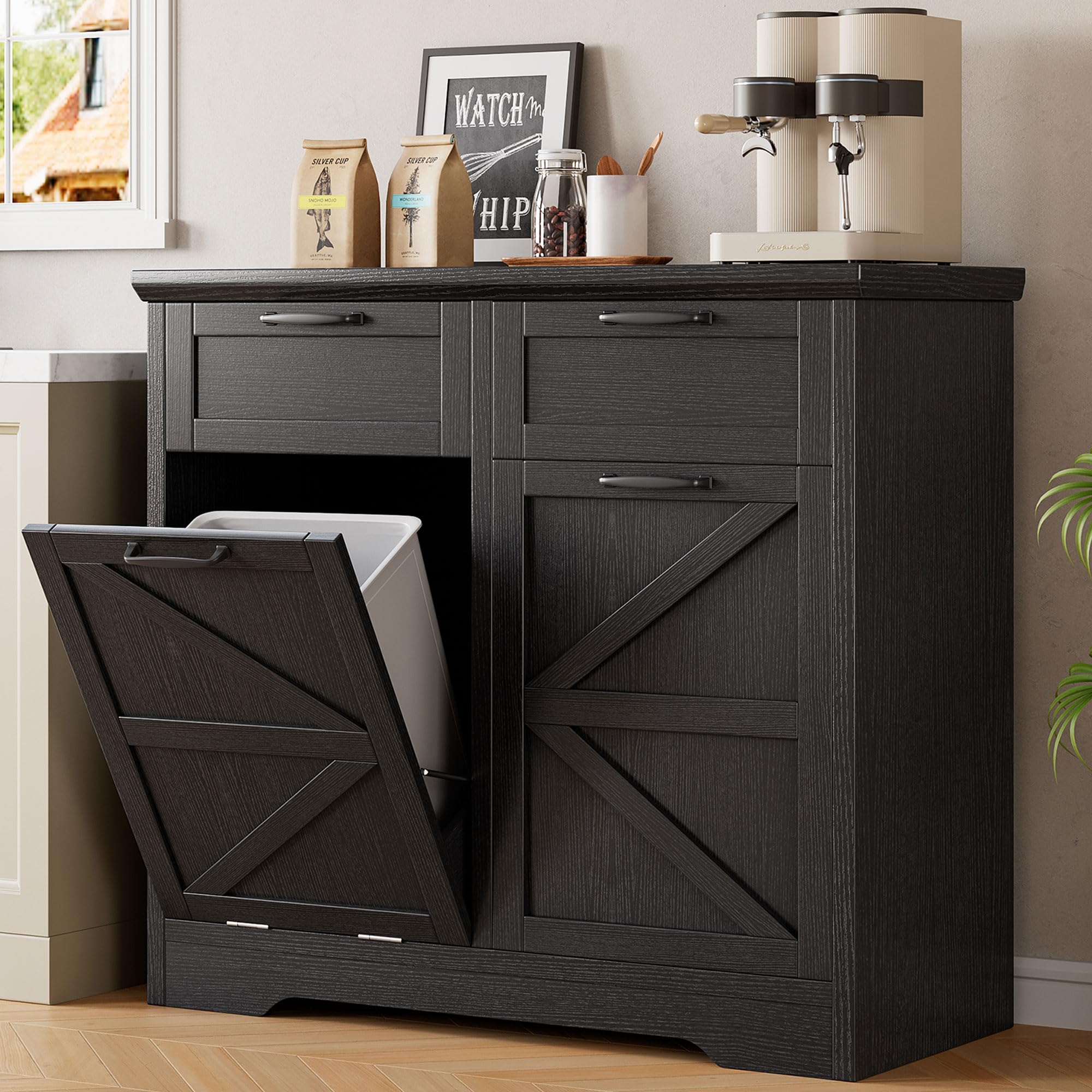 Double Tilt Out & Push-Open Trash Can Cabinet, 2x10 Gallon Freestanding Hidden Garbage Recycling Bin with Drawer & Laundry Sorter, Hideaway Pet Proof Trash Can for Kitchen, Living Room - Black