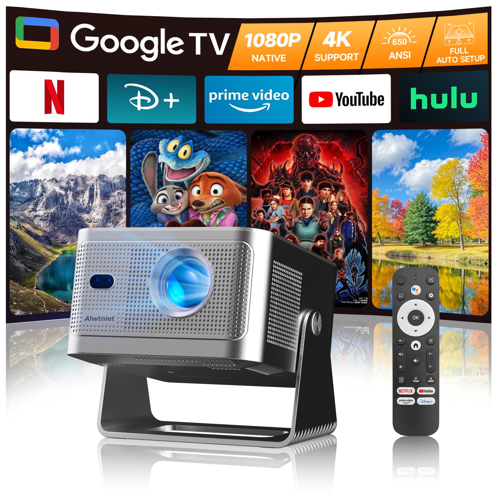 Alwtniet Mini Proiettore Portatile 4K con Google TV, Full HD 1080P Nativo App Integrate Videoproiettore Bluetooth WiFi Projector Autofocus Keystone 6D Evitamento Ostacoli Smart TV Telefono