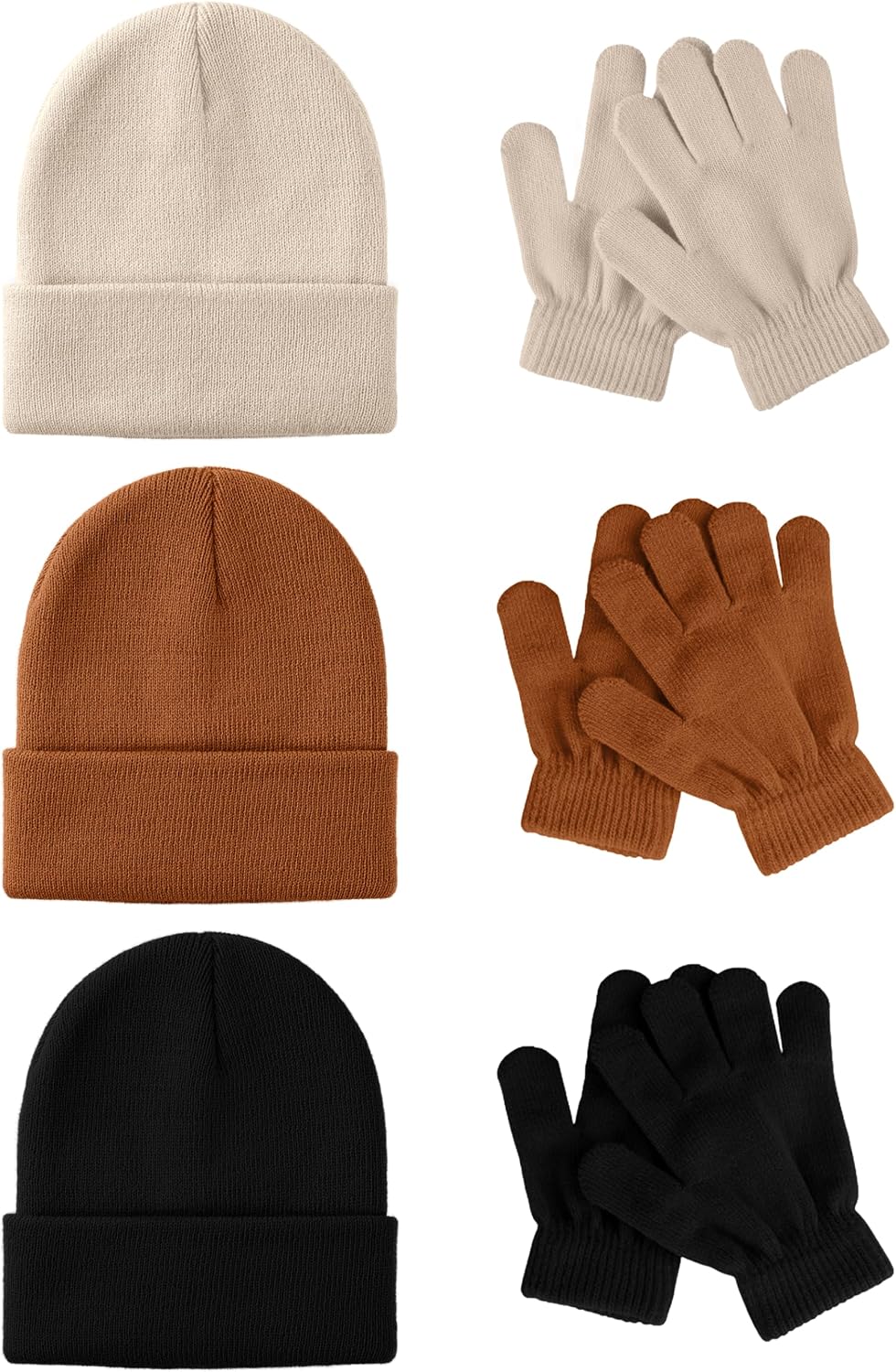 Glooarm 6 Pack Kids Beanies Hats Gloves Set, Kids Winter Hats Full Finger Gloves for Boys Girls