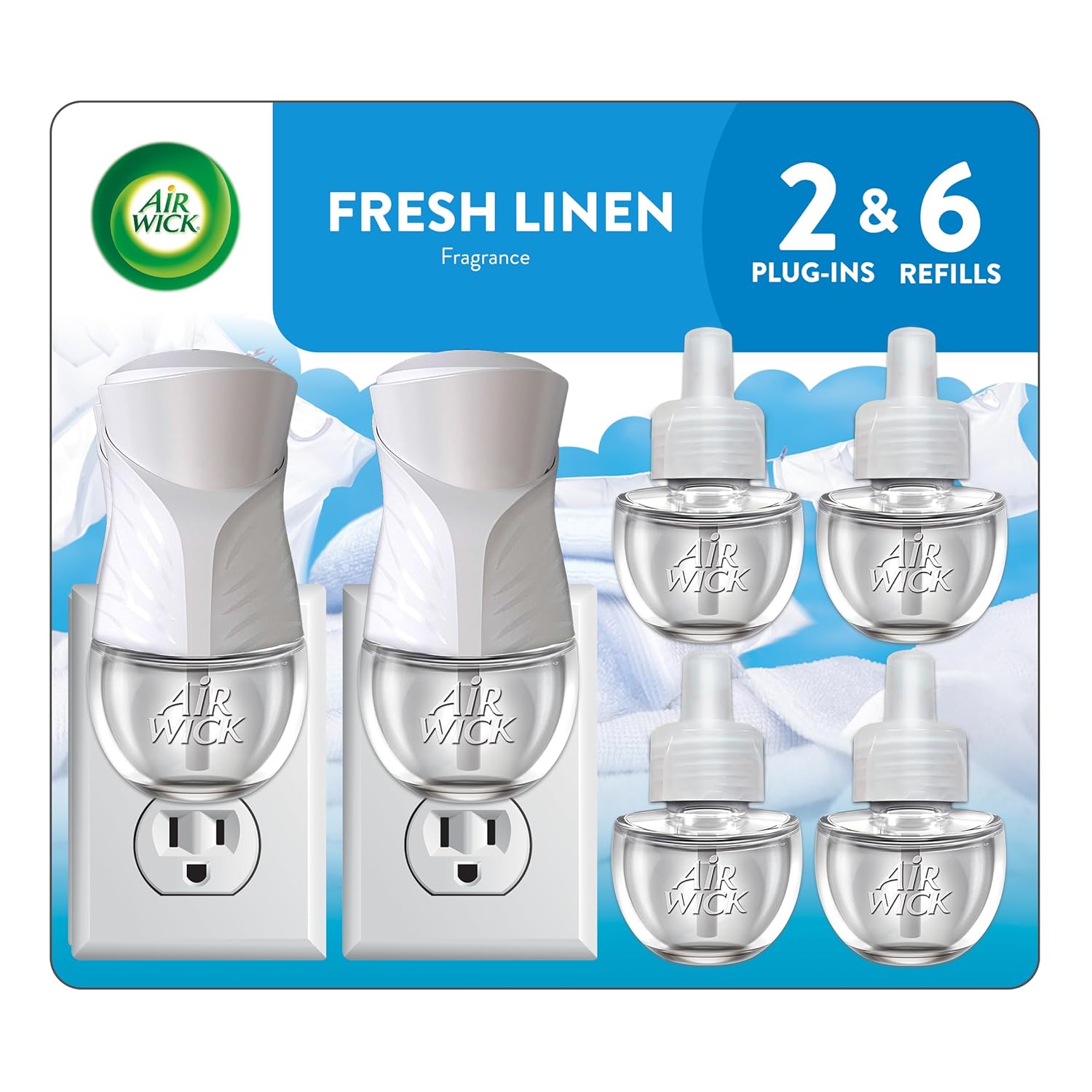Air Wick Plug in Scented Oil Starter Kit 2 Warmers 6 Refills Fresh Linen Same Familiar Smell of