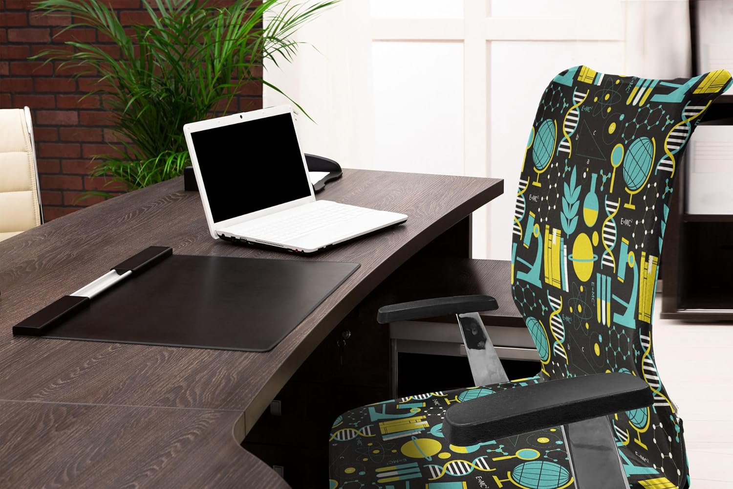 Ambesonne Office Chair Cover, Science Themed Biology Chemistry and Physics Protons Neutrons, Stretchable Decorative Universal Size High Back Printed Slipcover, Turquoise Yellow