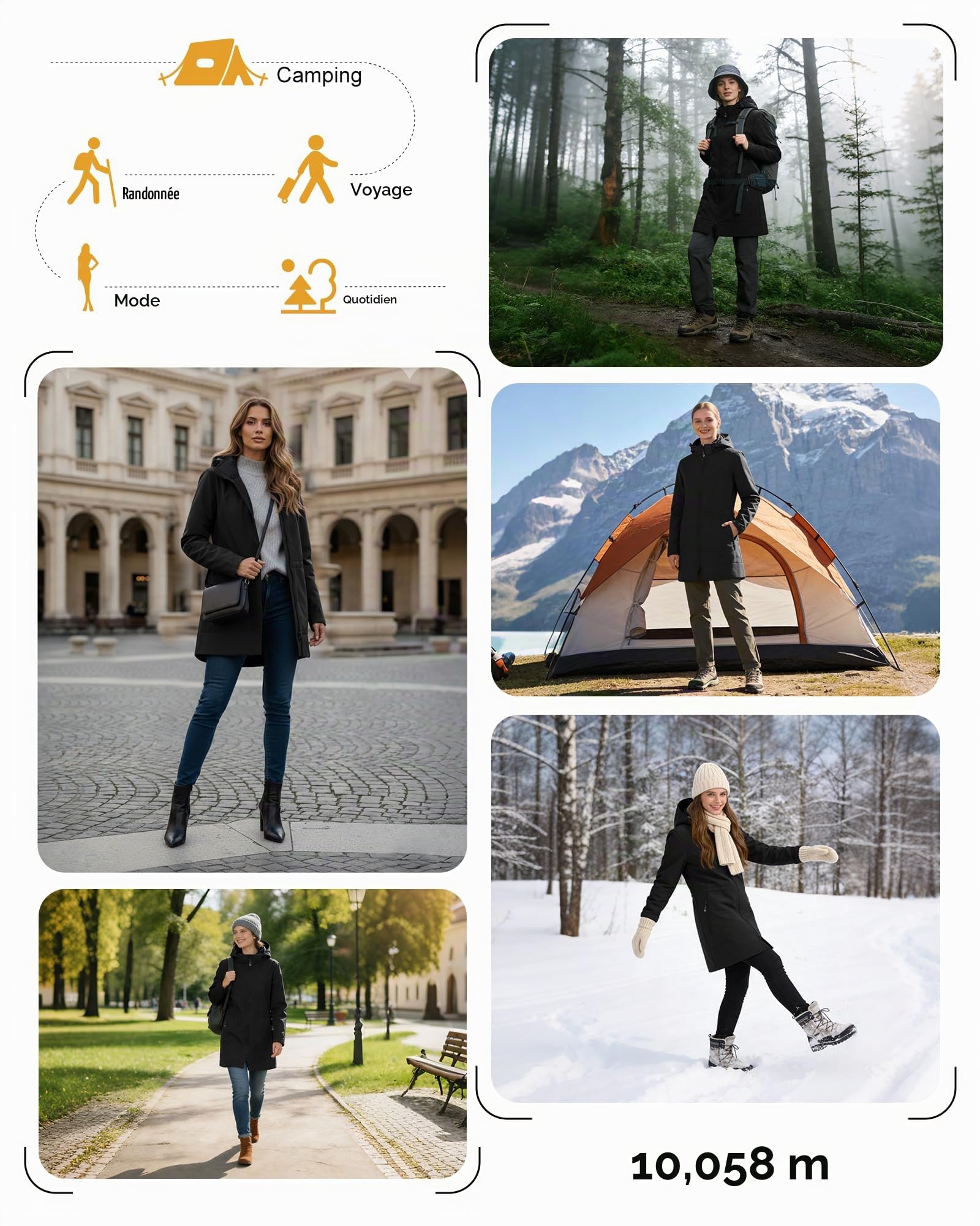 33,000ft Femme Veste Softshell Imperméable Longue Légère Jacket À Capuche Veste de pluie softshell Blouson Coupe Vent pour Activites En Exterieur Course à pied Randonnée Noir XL
