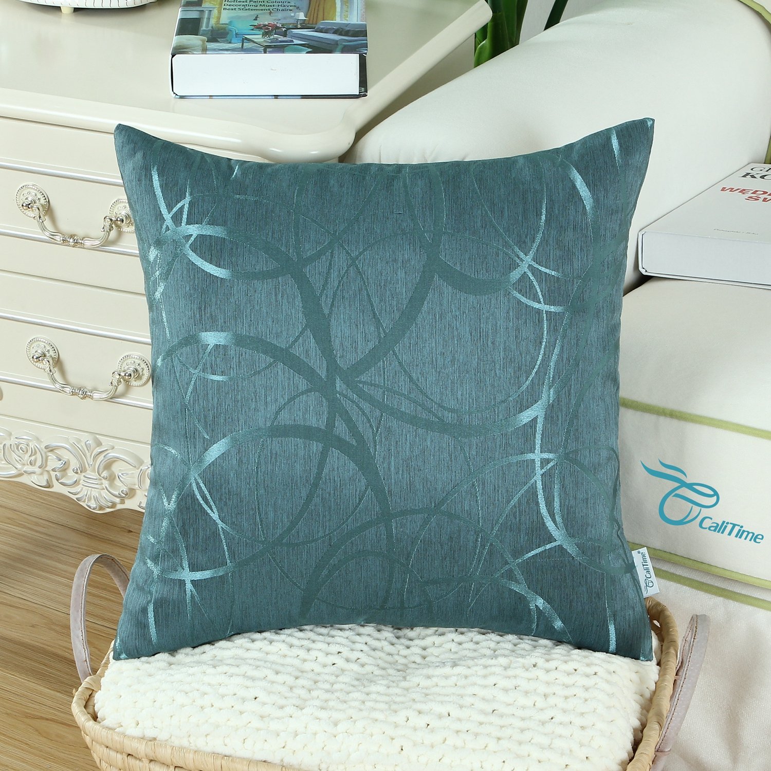 CaliTime Cushion Covers Pack of 2 Throw Pillow Cases Shells for Couch Sofa Home Decor Modern Shining & Dull Contrast Circles Rings Geometric 55cm x 55cm Teal - Image 3