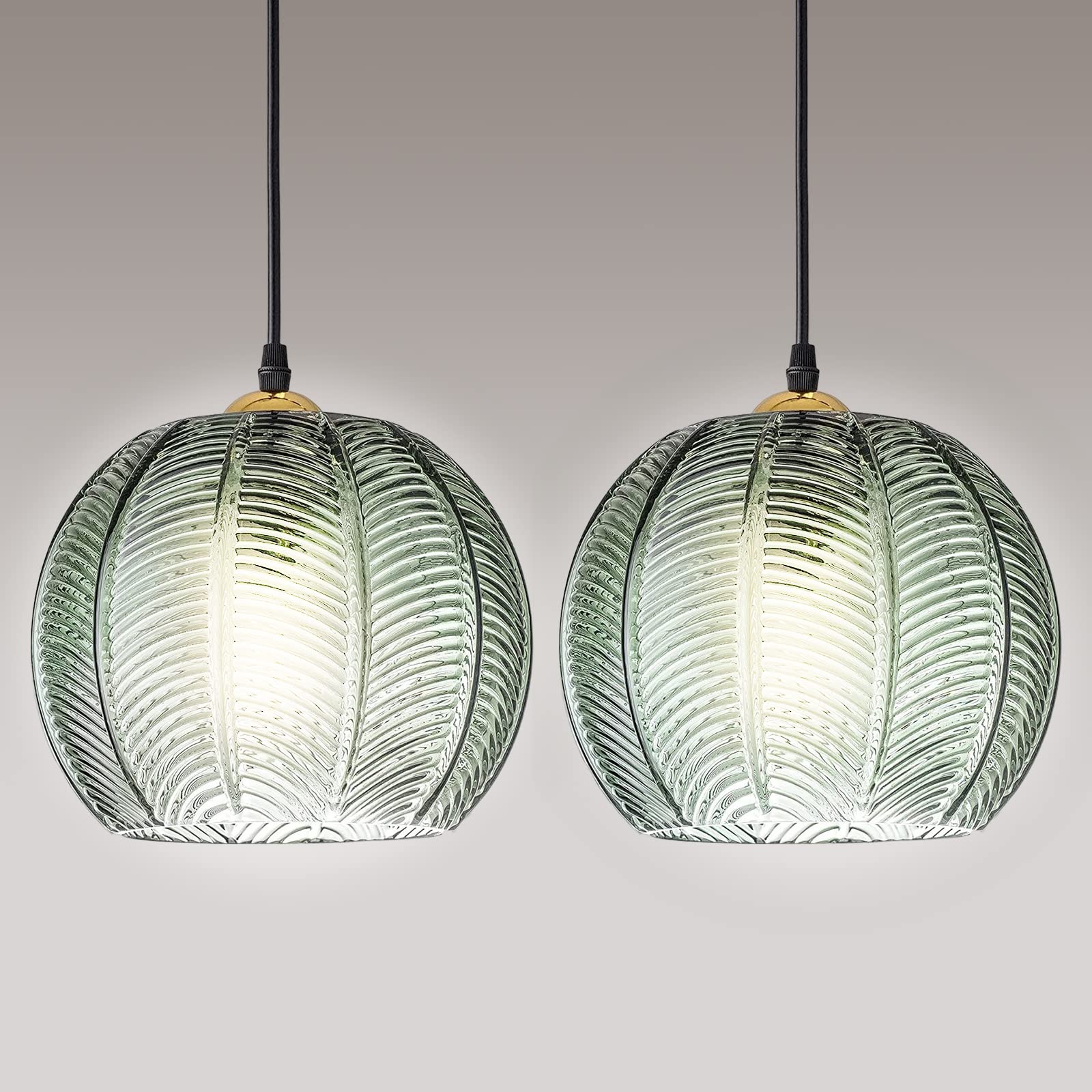 Glass Pendant Lighting Modern Pendant Lights for Kitchen Island, Green Glass Farmhouse Style Hanging Light, Adjustable Cord Ceiling Light Fixture for Bedside Dining Room Hallway Sink, 9.8in (2 Packs)